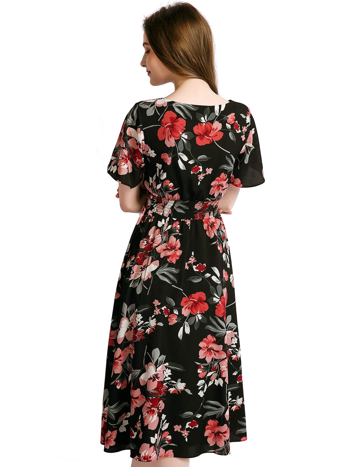 Gardenwed Women's Floral Chiffon Summer Dress - Elastic Waist Sun & Beach Dress for Outdoor Parties, Vacations & Casual Wear