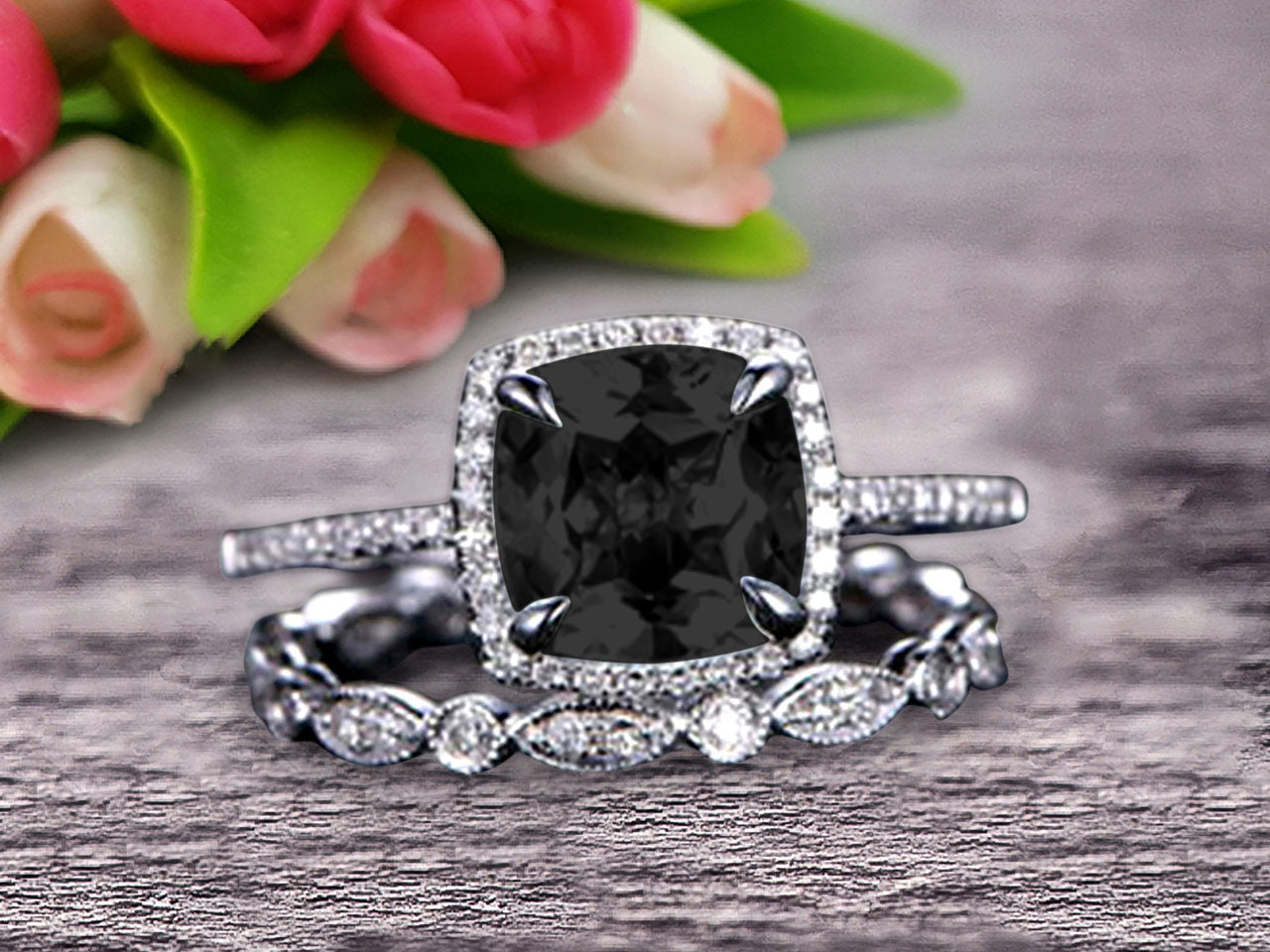 1.75 Carat Cushion Cut Vintage Black Diamond Moissanite Engagement Ring & Wedding Band Set in 10K White Gold - Perfect for Proposals, Anniversaries & Bridal Jewelry