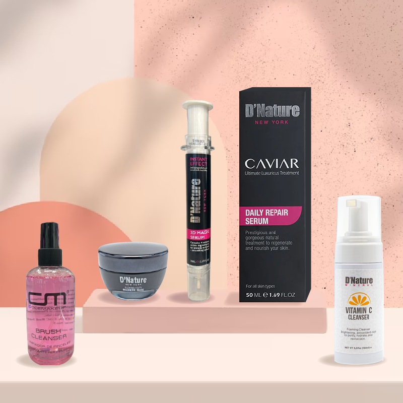 Magnetic Face Mask with Caviar Daily Repair Serum & Vitamin C Cleanser Set - 3D Magic Serum Included + Free Cleansing Brush - Anti-Aging Skincare Routine for Glowing Skin at Home Spa