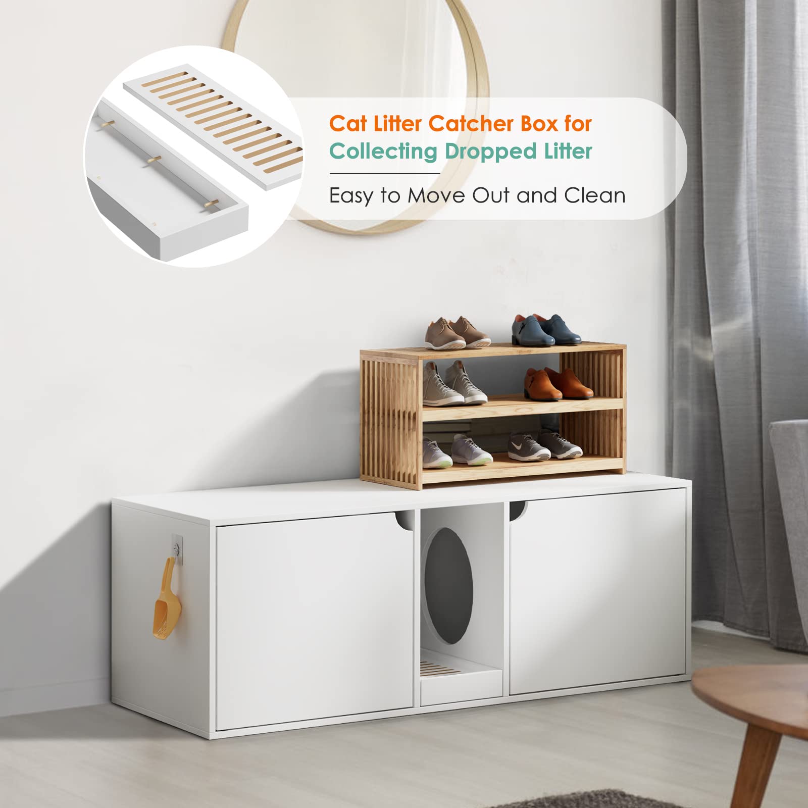 Modern Wooden Cat Litter Box Enclosure for 2 Cats - Stackable Large Cat Washroom Storage Cabinet with Removable Tray - Multi-Functional Bench & End Table Furniture (White) - Perfect for Living Rooms, Bedrooms & Small Spaces