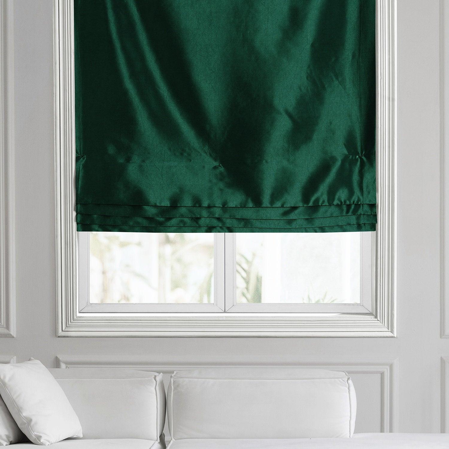 Emerald Green Solid Faux Silk Taffeta Roman Shade Window Treatment - Elegant Blackout Curtain for Living Room, Bedroom & Office Decor