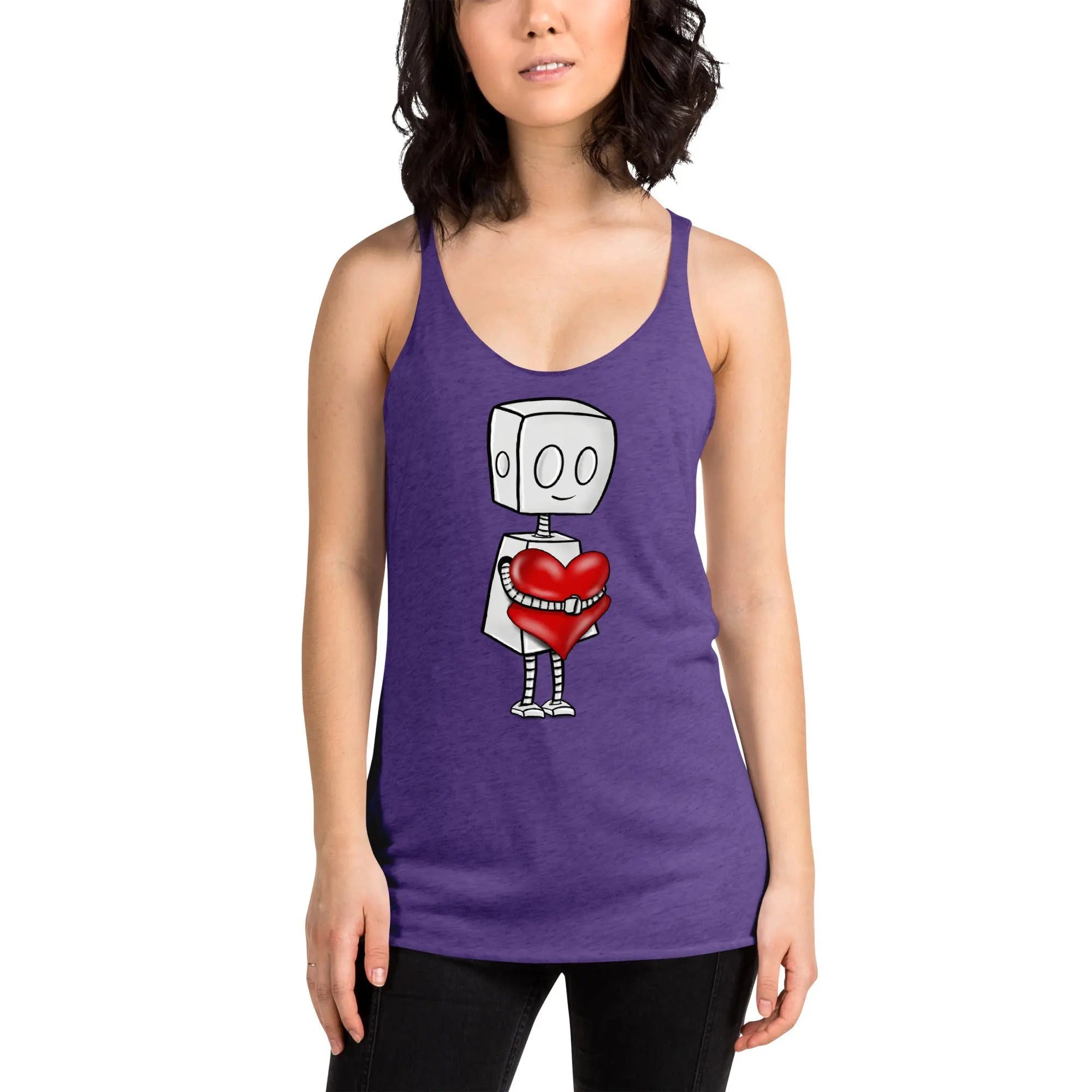 Adorable Robot Racerback Tank Top for Women - Cute Graphic Tee (Tender Heart Version) | Trendy Summer Casual Wear, Gym Outfit & Street Fashion