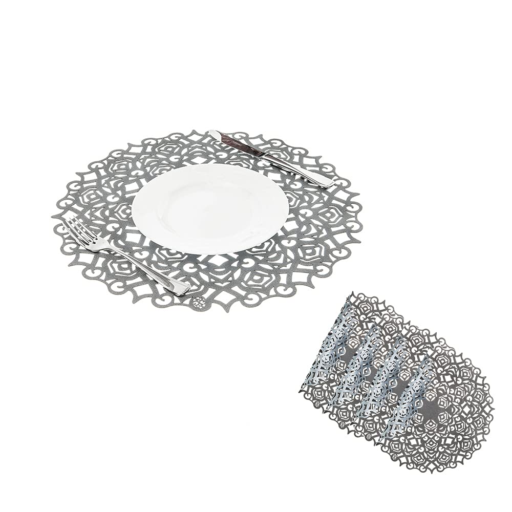 Mijal Gleiser Double Sided Laser Cut Placemats - Heat Resistant, Non Slip, Stain Proof - Set of 4 (Maya Collection Baby Blue & Lead Gray) - Perfect for Dining Table, Kitchen, Party & Home Decor