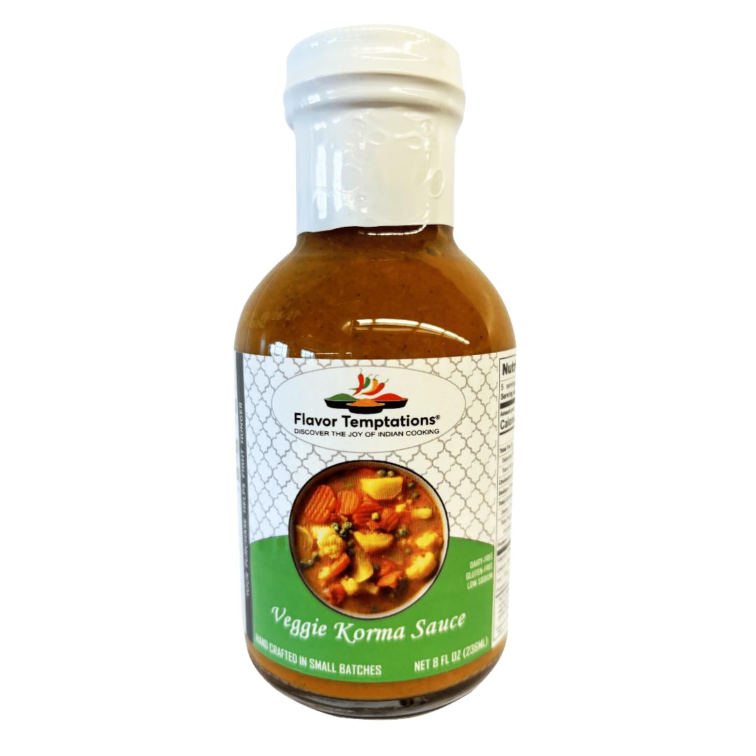 Flavor Temptations Organic Veggie Korma Indian Curry Simmer Sauce | Vegan, Gluten-Free, Low Sodium Authentic Indian Cooking Sauce | 8 FL Oz Glass Jar | Perfect for Vegan Meals, Dinner Parties & Meal Prep