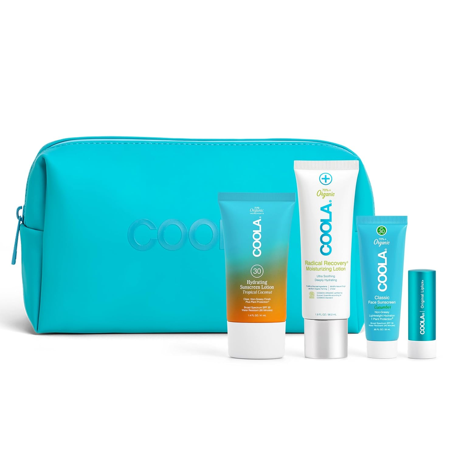 COOLA Suncare Travel Essentials Set - SPF 30 Sunscreen, Lip Balm & Face Mist for Beach Vacation & Outdoor Activities