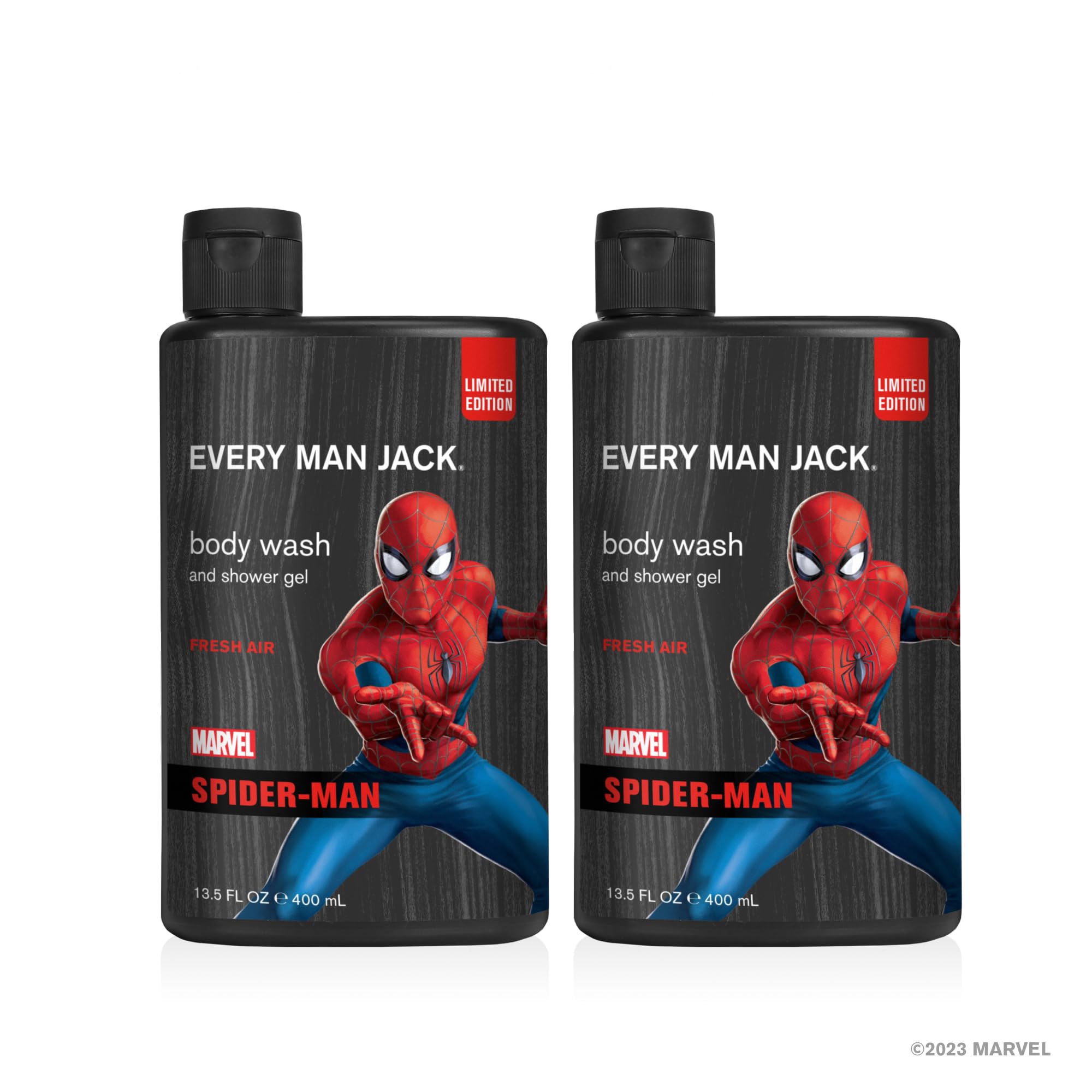 Every Man Jack Body Wash - Marvel Spider Man | 13.5 oz Twin Pack (2 Bottles) | Natural Ingredients, Paraben-Free, Phthalate-Free, Dye-Free, Cruelty-Free | For Men & Kids, Superhero-Themed Bath Time Fun