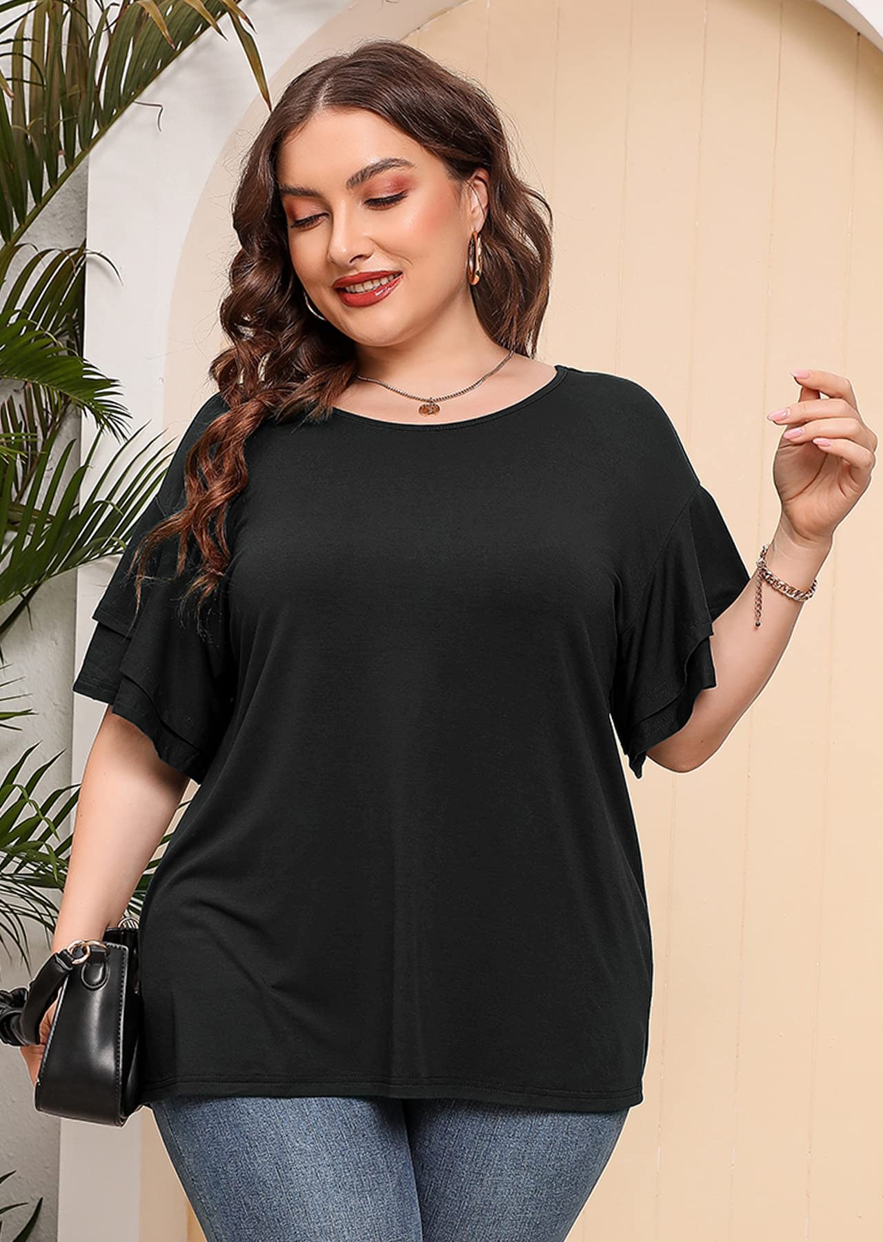 Plus Size Tunic Top for Women - AusLook Double Ruffle Short Sleeve Blouse, Loose Fit Flowy Shirt for Summer | Casual Wear, Beach Cover Up & Everyday Outfit
