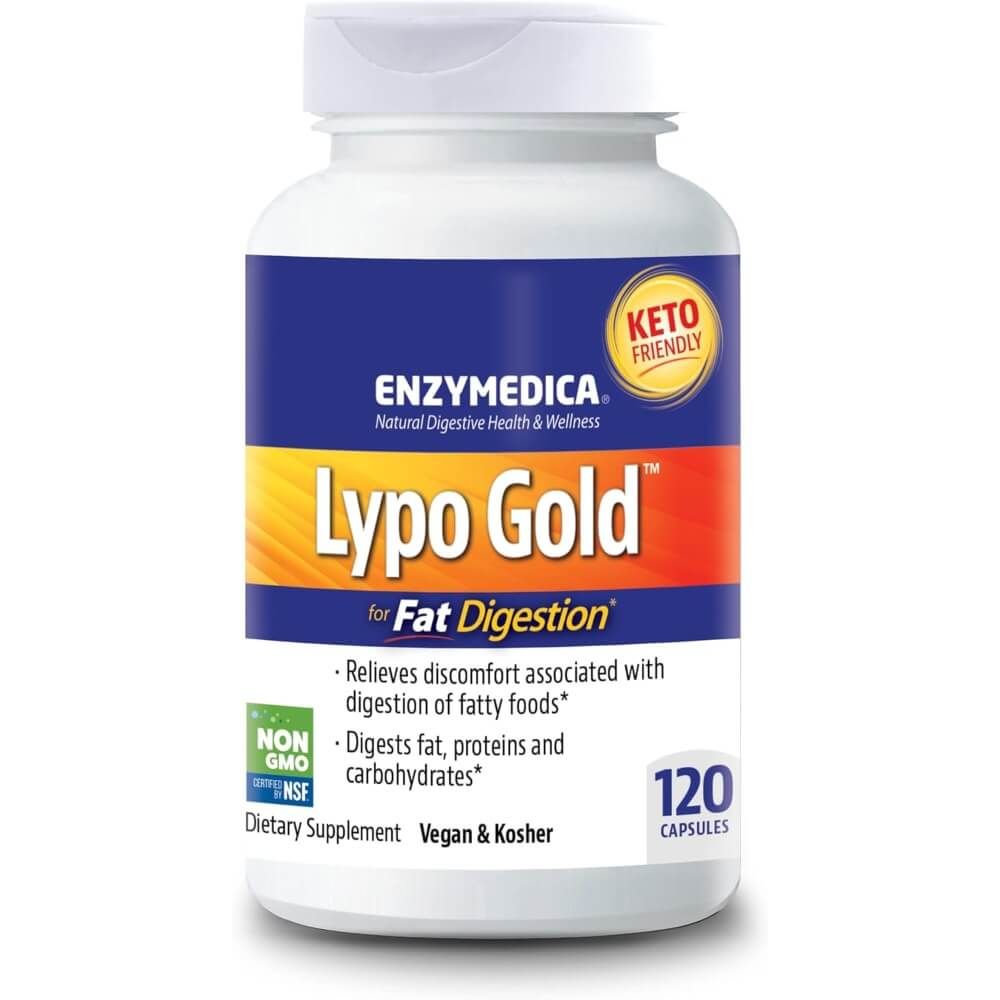 Enzymedica Lypo Gold Digestive Enzyme Supplement - 120 Capsules for Optimal Fat Digestion & Nutrient Absorption | Supports Bloating Relief & Gut Health | Ideal for High-Fat Meals & Digestive Comfort
