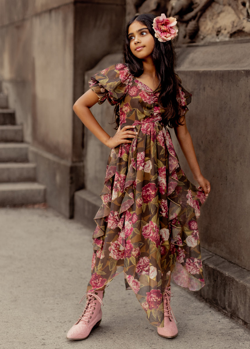 Kayden Floral Print Dress in Bistre - Elegant Women's Summer Dress for Casual Outings & Special Occasions