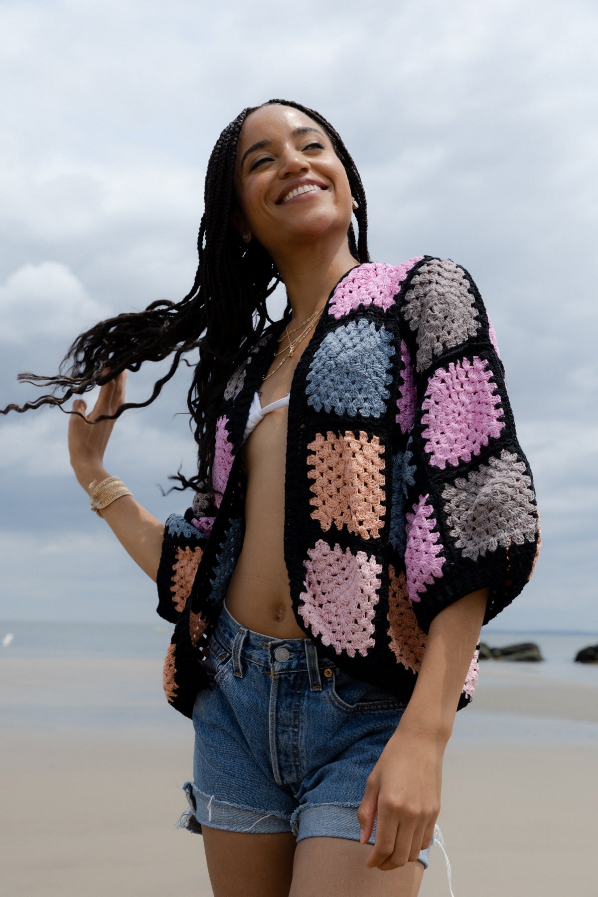 Pastel Crochet Square Short Jacket for Women - Stylish Boho Summer Cover-Up for Beach, Music Festivals & Outdoor Adventures