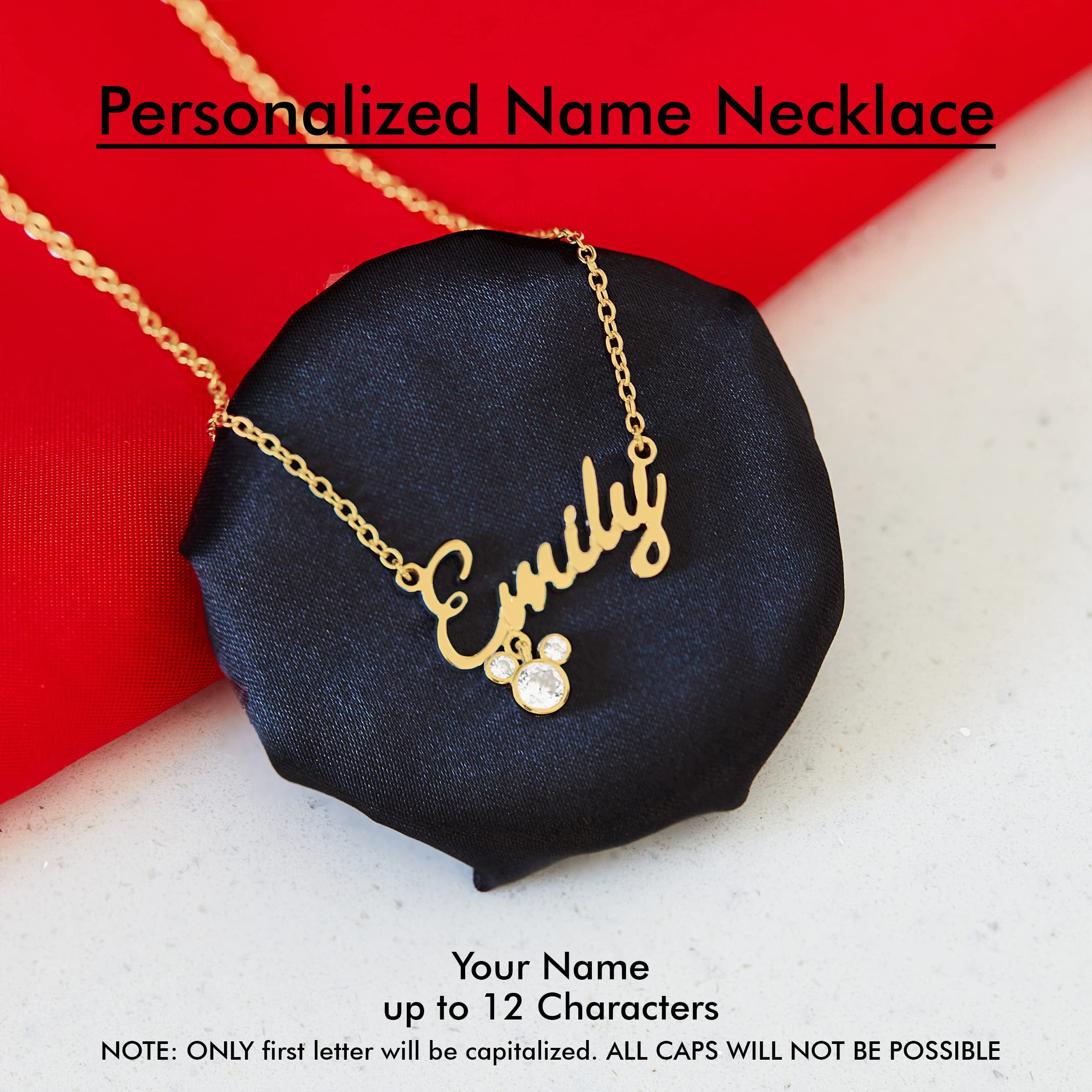Disney Mickey Mouse Personalized Name Necklace - 14k Gold Plated & Sterling Silver Custom Name Pendant Jewelry (Choose Font & Color) | Birthday Gift, Anniversary Present, Disney Lover Accessory