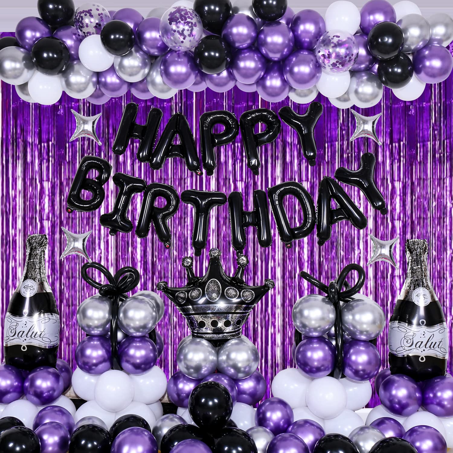 117pcs Purple & Black Birthday Party Decorations Set for Men, Women, Boys & Girls - Happy Birthday Banners, Balloons & Champagne Beer Decor - Perfect for Adult Birthday Parties, Gender Reveals & Anniversary Celebrations