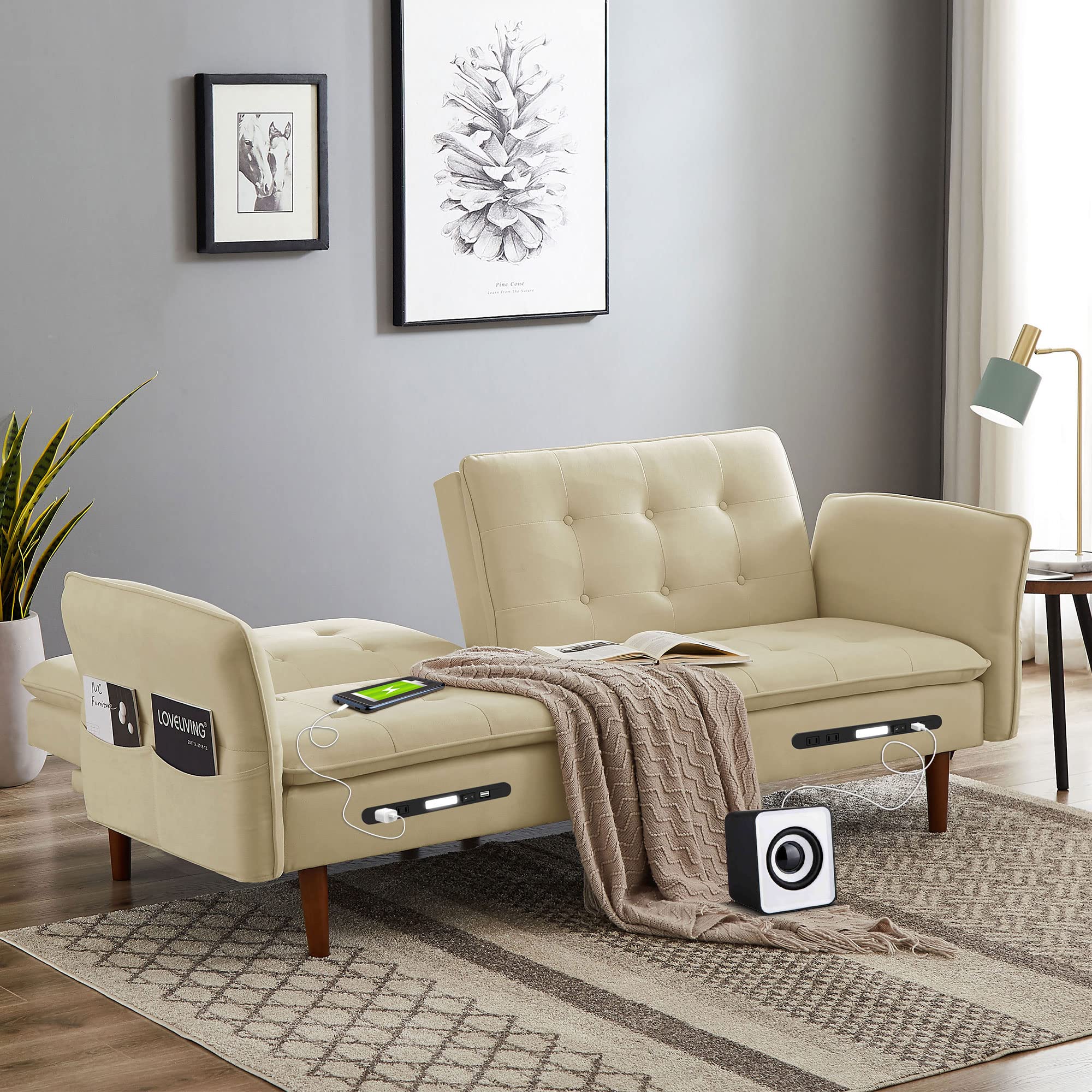 Multifunctional Velvet Sofa Bed with USB Charging Ports - Adjustable Modern Loveseat for Living Room, Tufted Upholstered in Beige | Perfect for Small Spaces, Guest Rooms & Cozy Movie Nights
