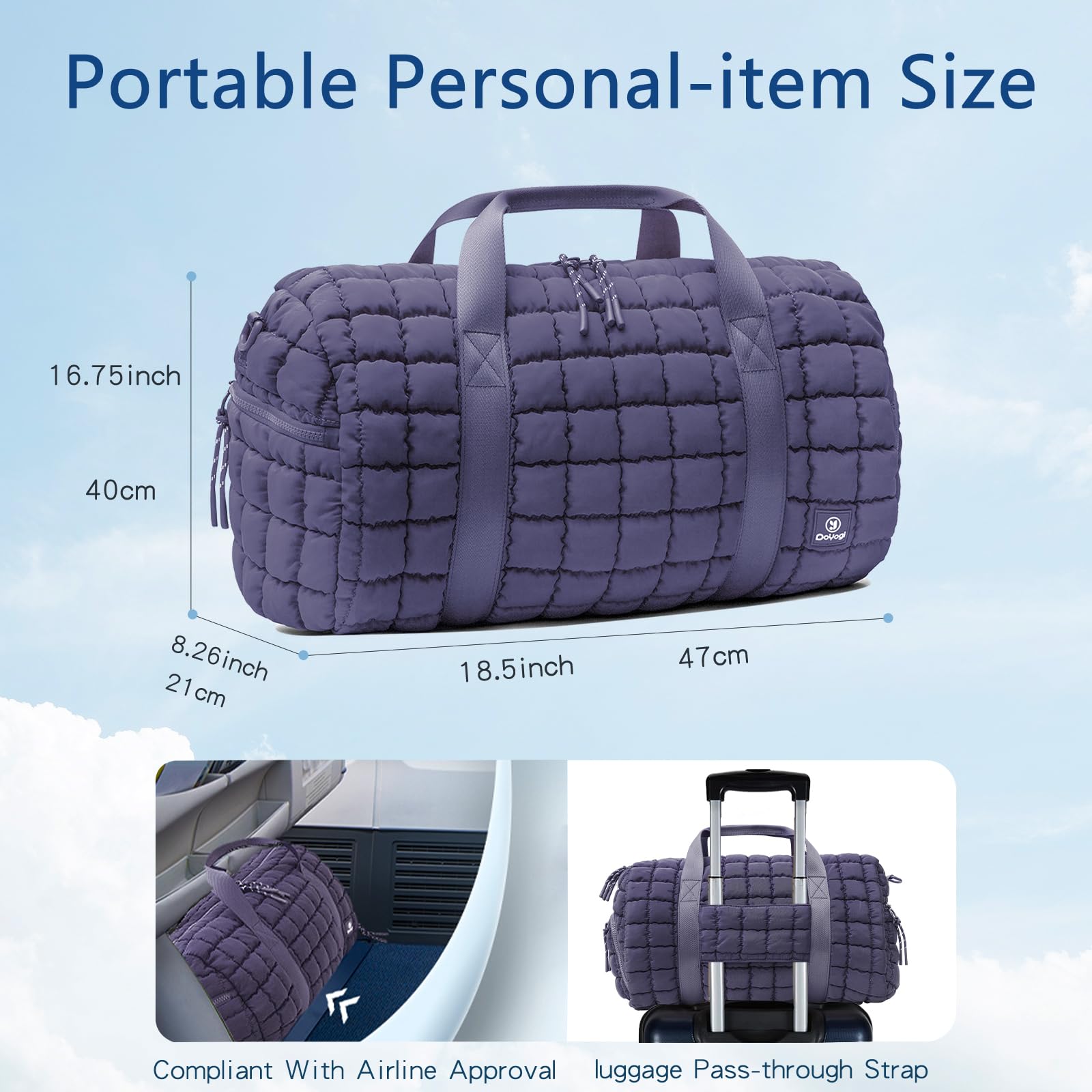 Quilted Gym Bag for Women - Large Duffle Travel Bag with Wet Pocket & Shoe Compartment - Purple Weekender Carry On Bag for Workout, Yoga, Gym, Travel & Weekend Getaways