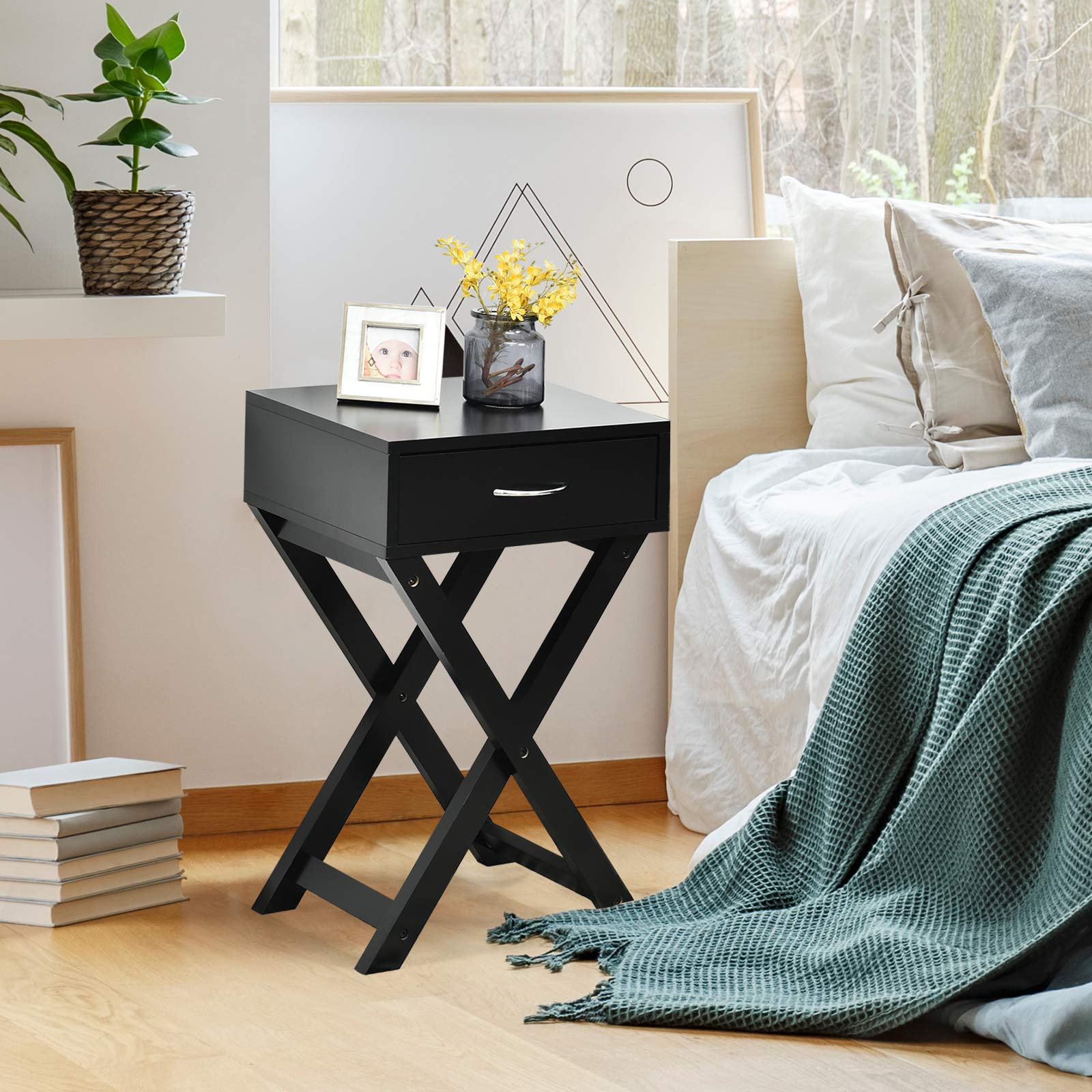Giantex X-Shaped Nightstand with Drawer - Modern Accent End Table for Bedroom & Living Room - Black Side Table (Set of 2) - Perfect for Storing Books, Lamps & Bedroom Essentials