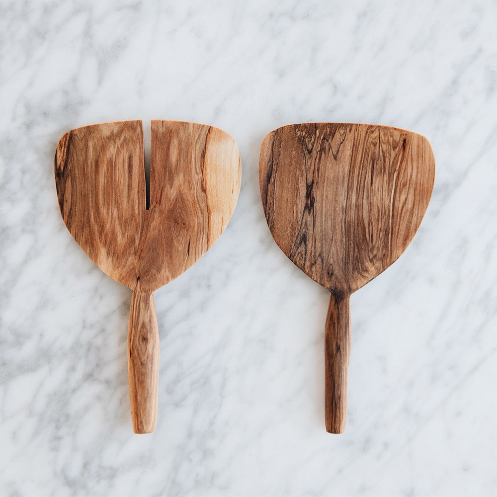 Premium Wild Olive Wood Salad Servers Set - Handcrafted Wide Paddle Utensils for Serving Tossed Salads, Pasta & Appetizers - Eco-Friendly Kitchen Tools for Dinner Parties & Outdoor Entertaining