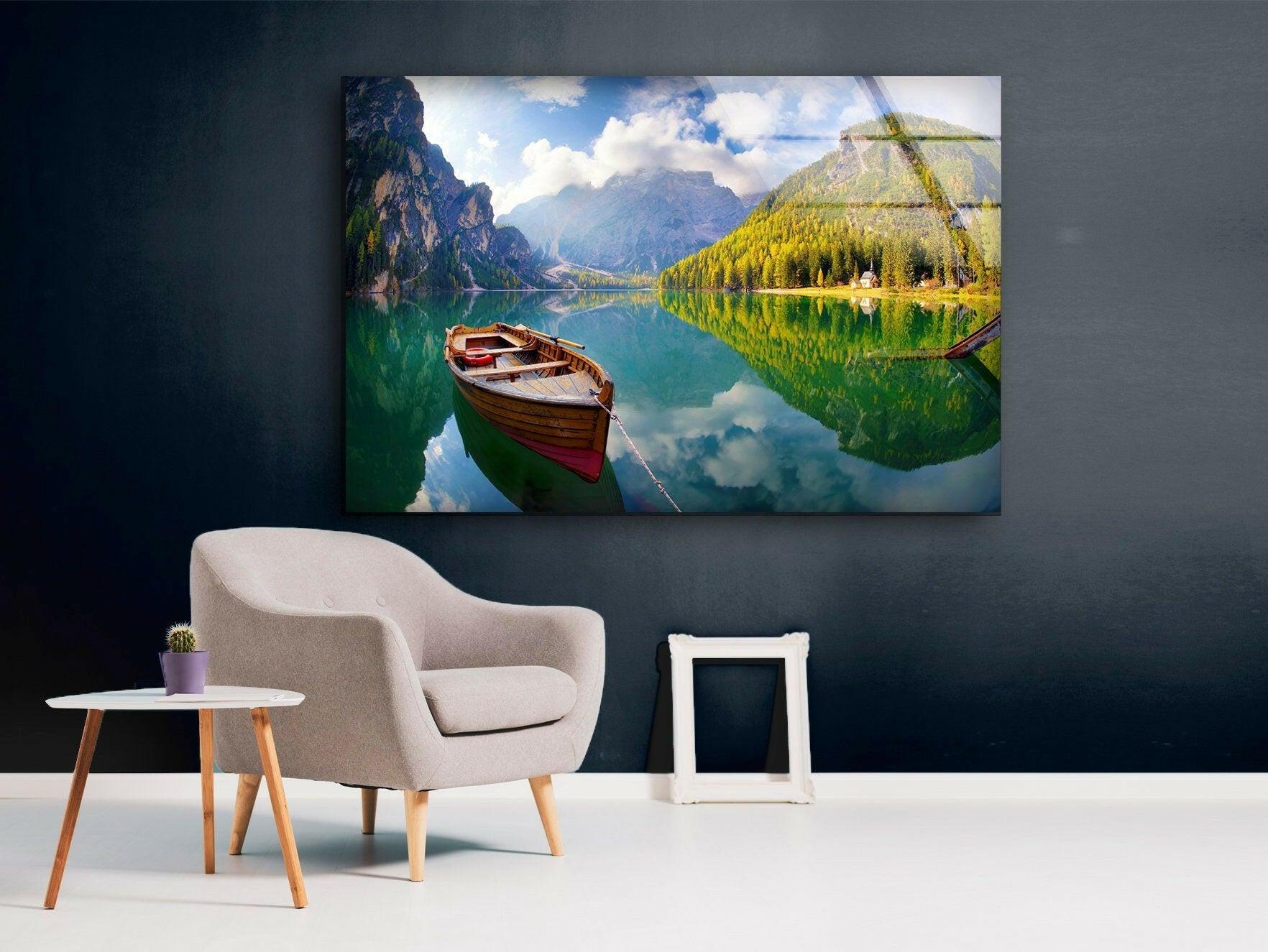 Autumn Boat on Lake Glass Wall Art - Handmade Landscape Painting for Home & Office Decor - Perfect for Living Room, Bedroom, or Office Wall Decor