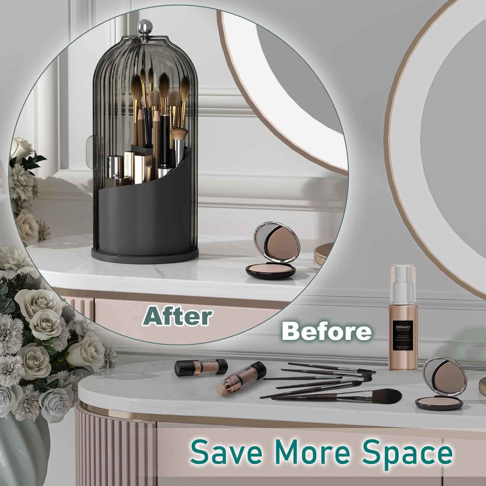 360° Rotating Waterproof Makeup Brush Holder with Lid - Dustproof Cosmetic Organizer for Beauty Brushes & Tools | Vanity Storage for Home, Salon, Travel (Black-Grey)