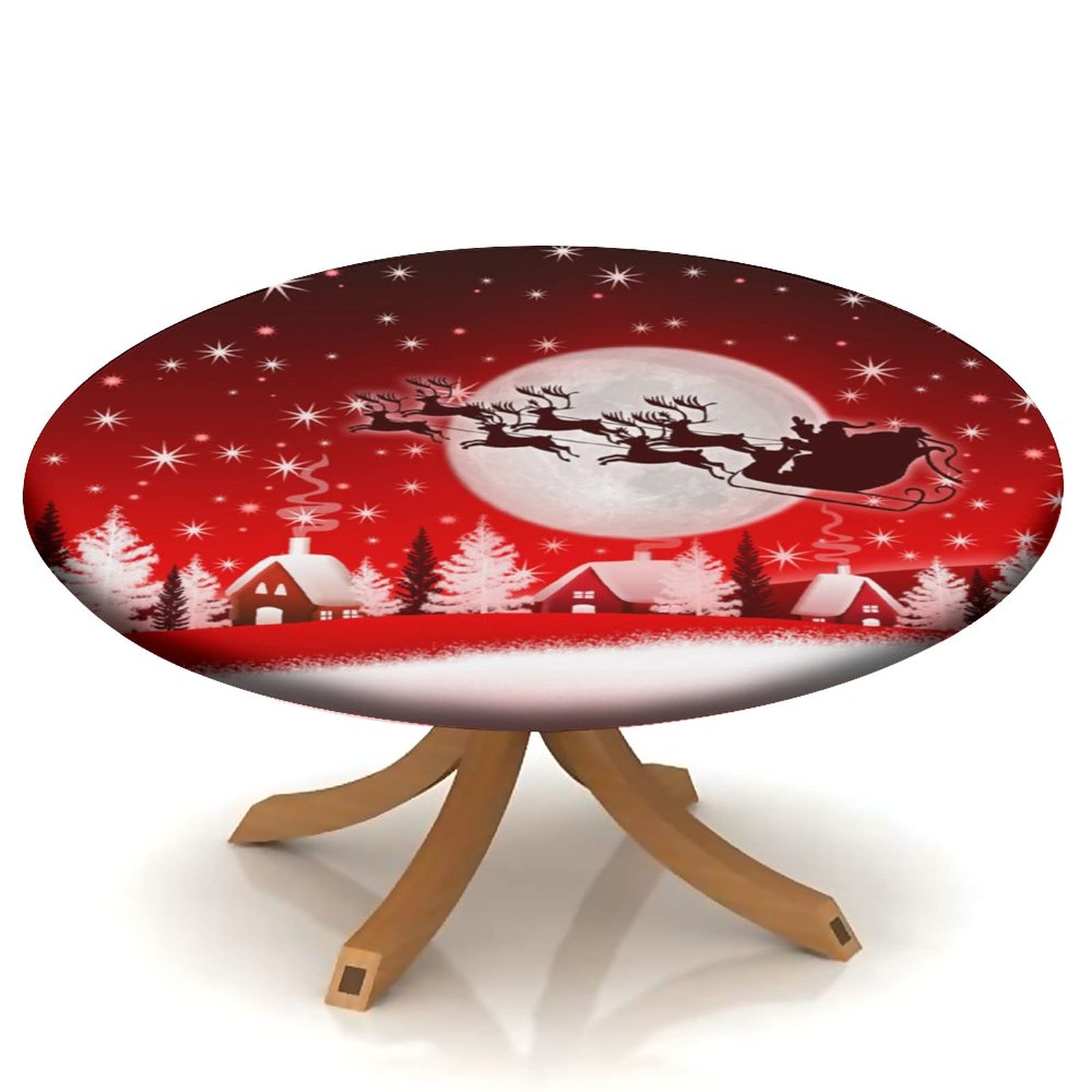 Christmas Tree Fitted Round Tablecloth with Elastic Edge - Holiday Sleigh Design for 40