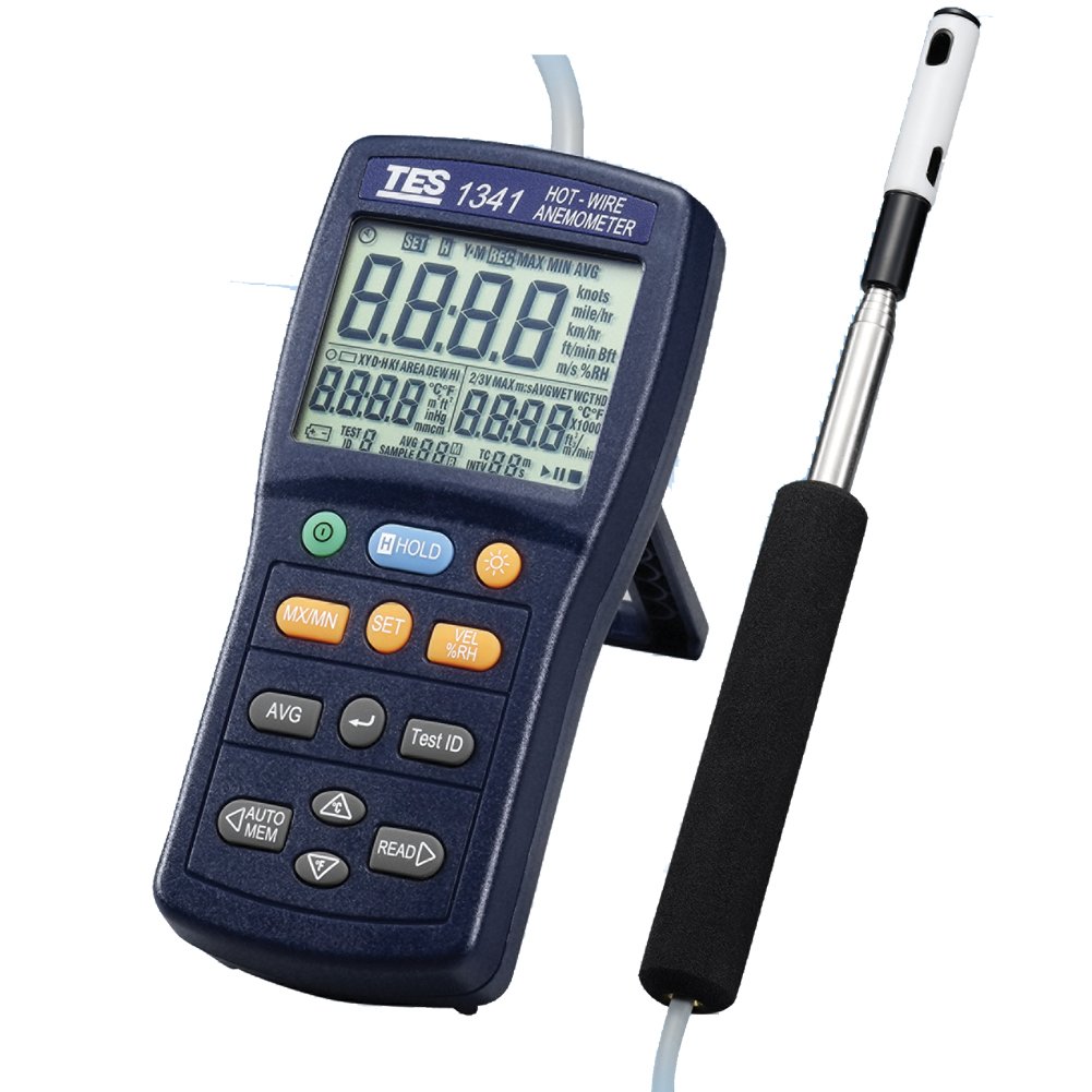 TES 1340 Hot-Wire Anemometer - Digital Air Flow Meter with Temperature Measurement for HVAC, Duct Testing & Indoor Air Quality Monitoring