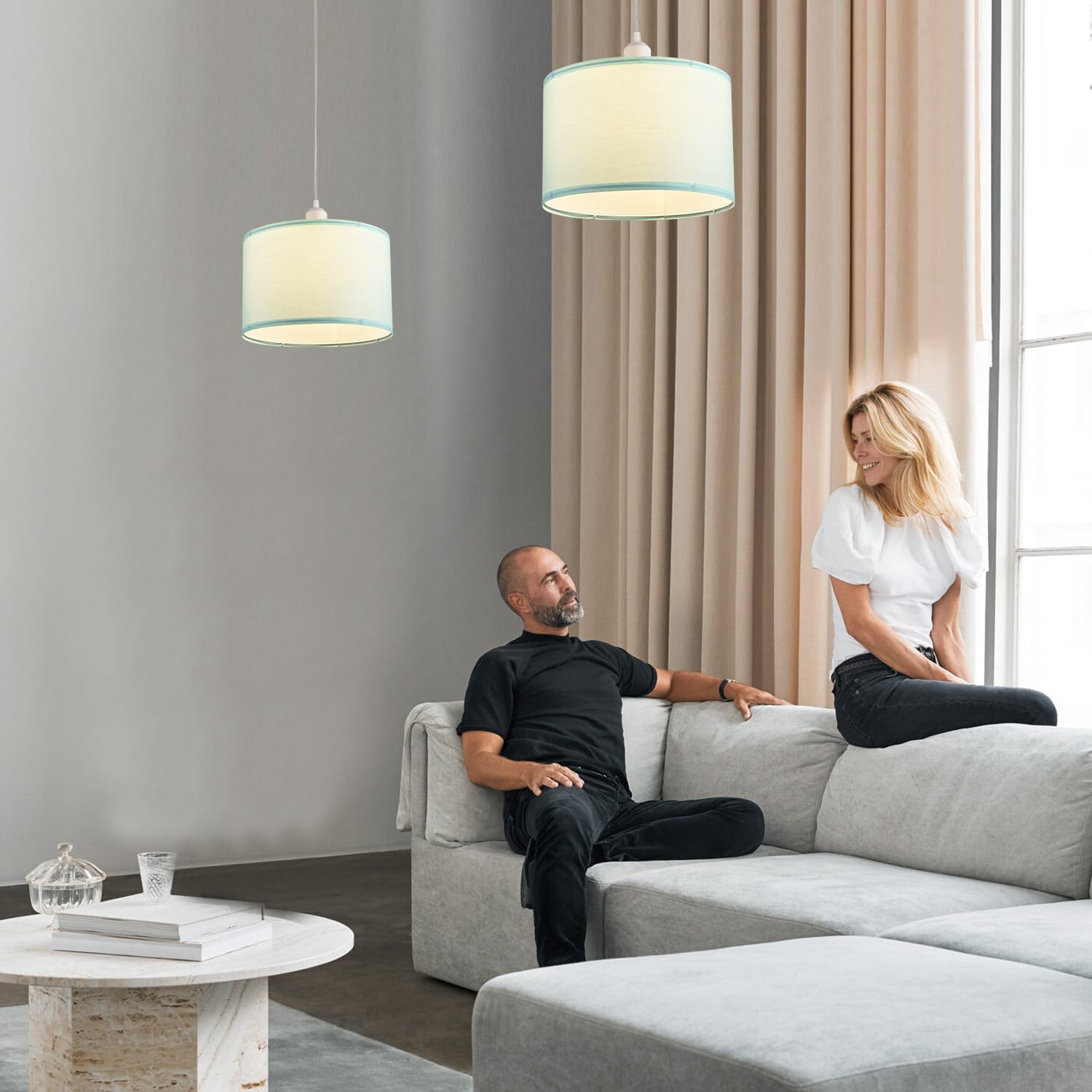 2 Pack Plug in Pendant Light with 15Ft Clear Cord & On/Off Switch - Blue Fabric Lamp Shade Hanging Light Fixture for Bedroom, Kitchen, Dining Room & Living Room - Perfect for Farmhouse Decor, Coffee Bars & Breakfast Nooks