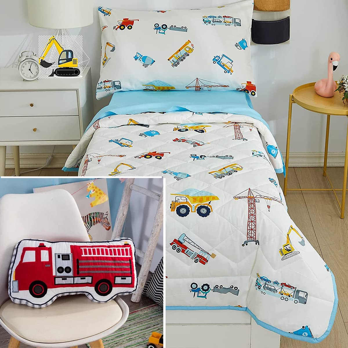 Brandream Fire Truck & Construction Toddler Pillow Set - Soft Boys Bedding for Kids Room Decor, Nursery, Playroom & Travel Comfort