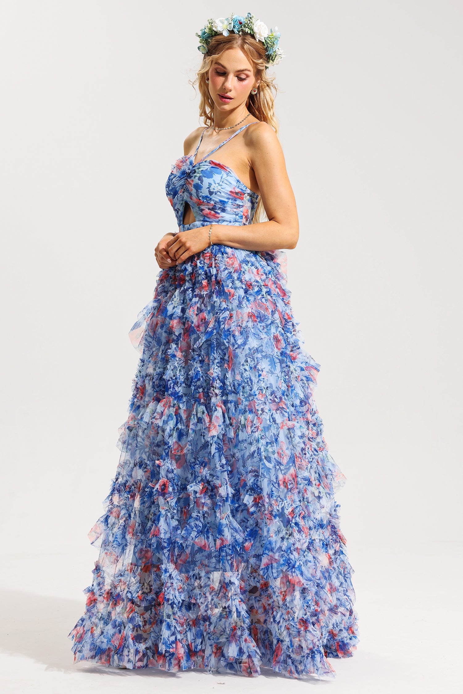 Elegant 3D Floral Print Halter Neck Frill Maxi Dress for Women - Perfect for Summer Weddings, Beach Vacations & Boho Parties
