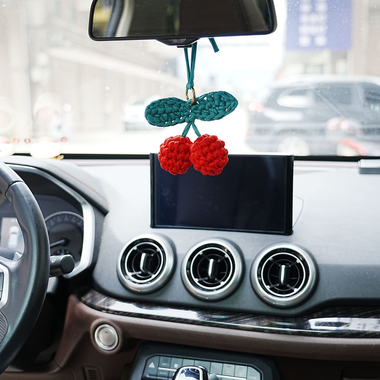 Hand Knitted Cherry Pendant - Cute Car Rear View Mirror Hanging Ornament, Boho Car Accessories Gift for Women, Perfect for Road Trips & Daily Commute