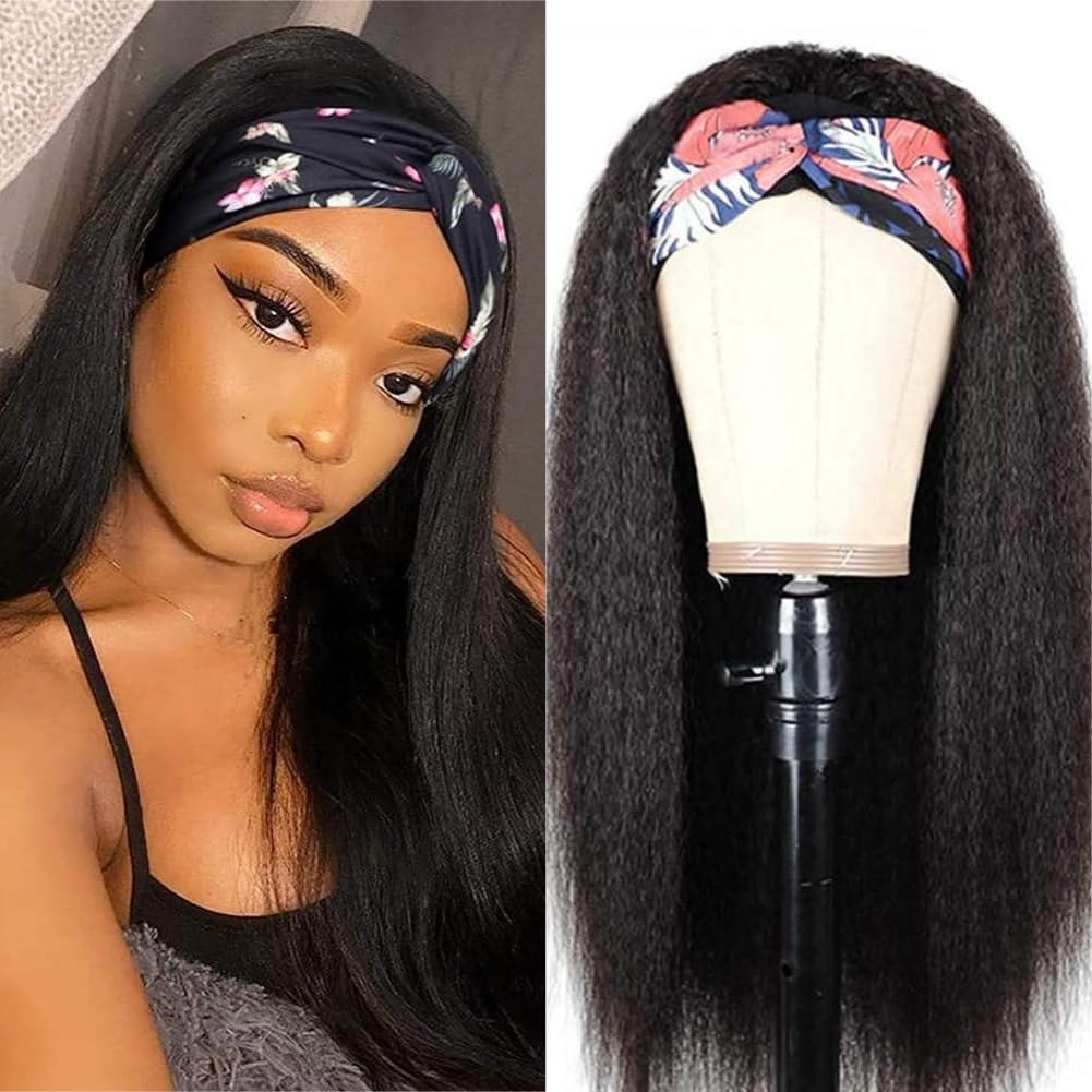 30 Inch Kinky Straight Human Hair Wig - 180% Density 12A Grade Yaki Straight Headband Wig for Black Women | Natural Black Color Half Wig with Attached Headband | Perfect for Daily Wear, Parties & Protective Hairstyles