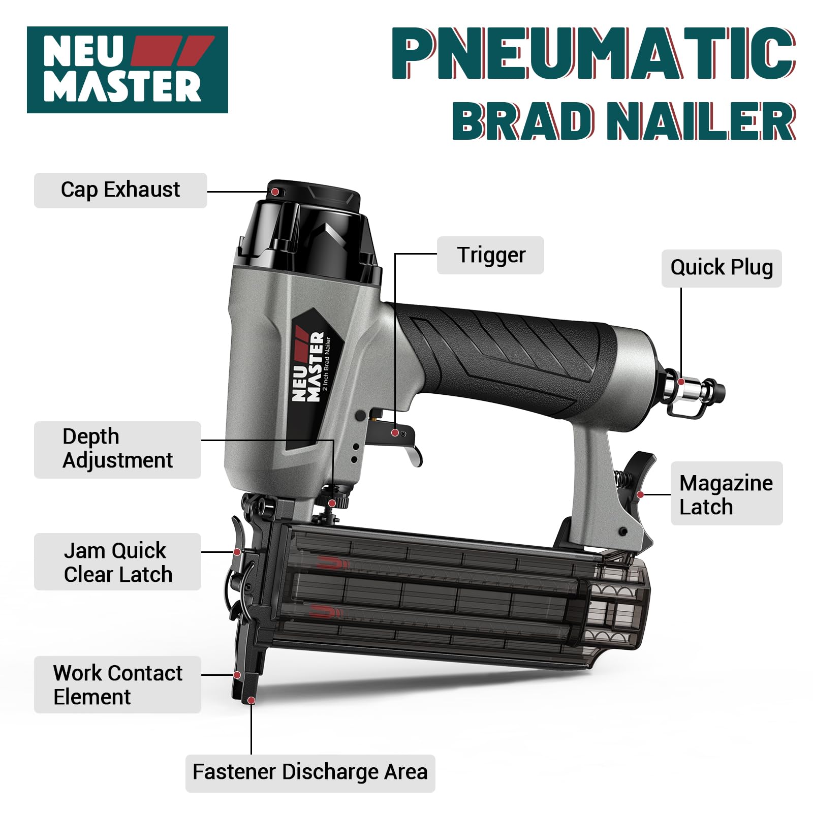 NEU MASTER 18 Gauge Pneumatic Brad Nailer - Professional Nail Gun for Woodworking & Carpentry (Fires 5/8