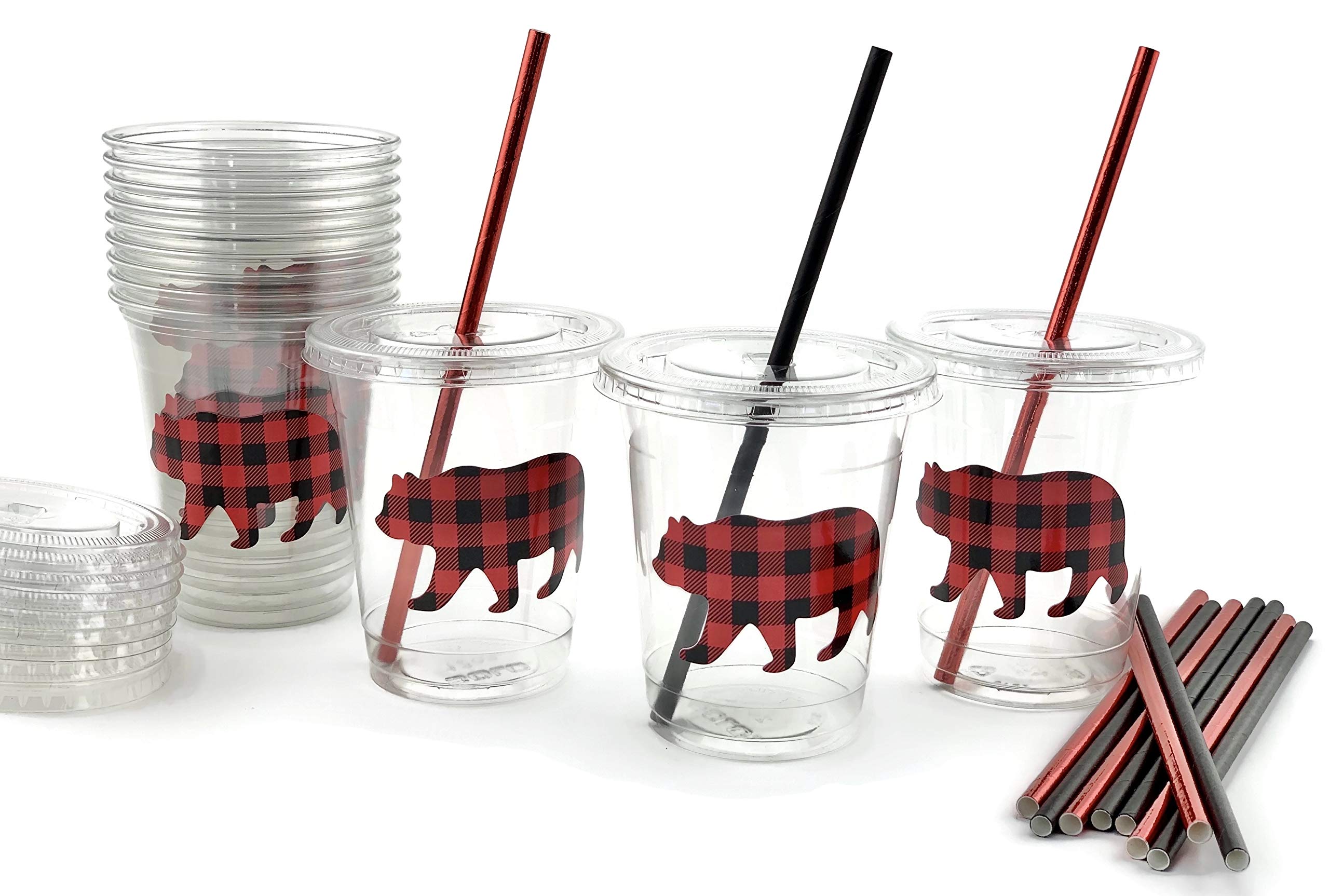 Buffalo Plaid Bear Baby Shower Cups - 12 Pack Lumberjack Themed Party Cups for Birthday, Baby Shower & Rustic Events - Perfect for Outdoor Picnics, Camping & Cabin Celebrations