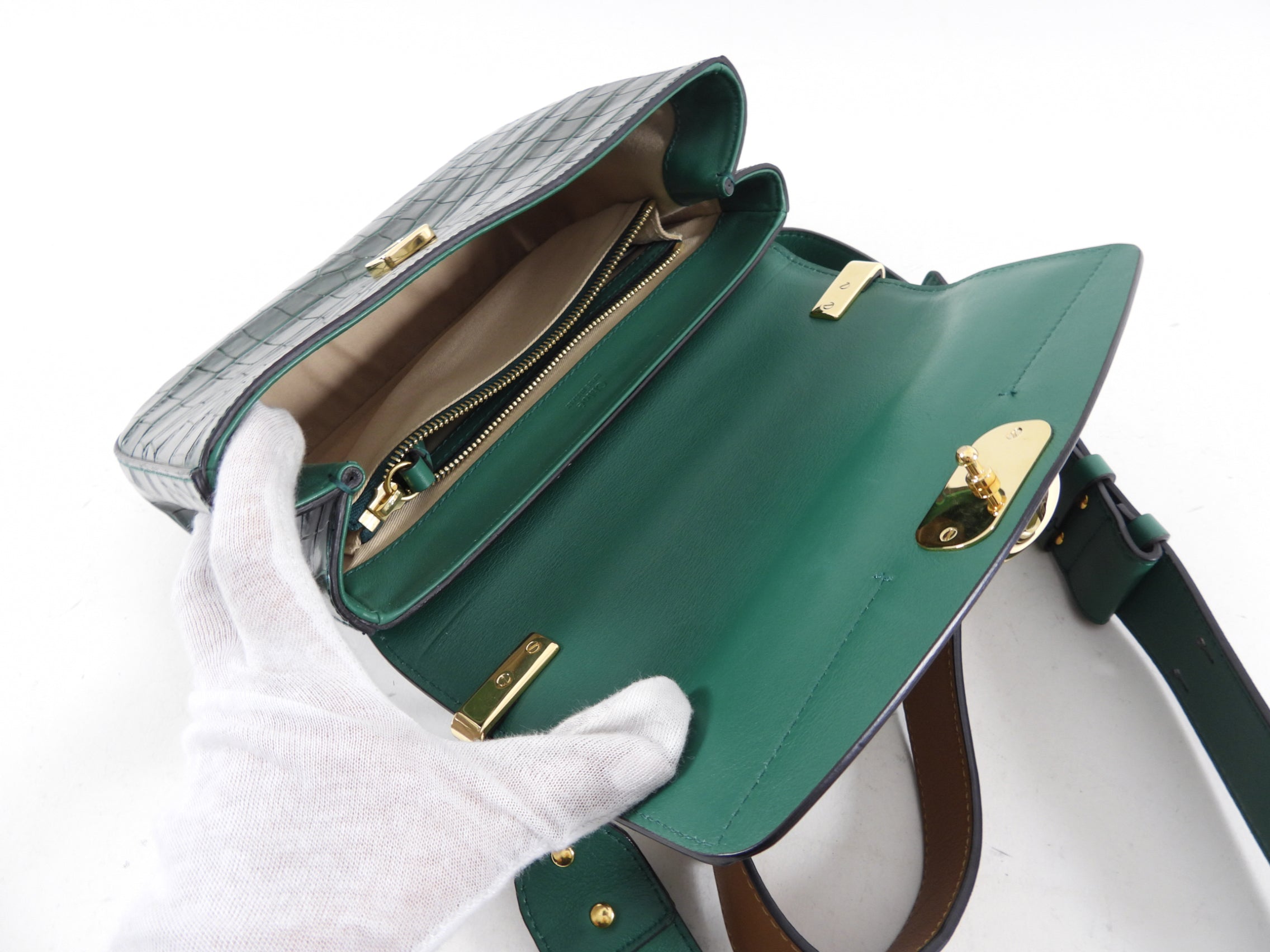 Chloe Green Croc-Embossed C Two-Way Flap Crossbody Bag - Stylish Handbag for Women, Perfect for Work, Travel & Evening Out