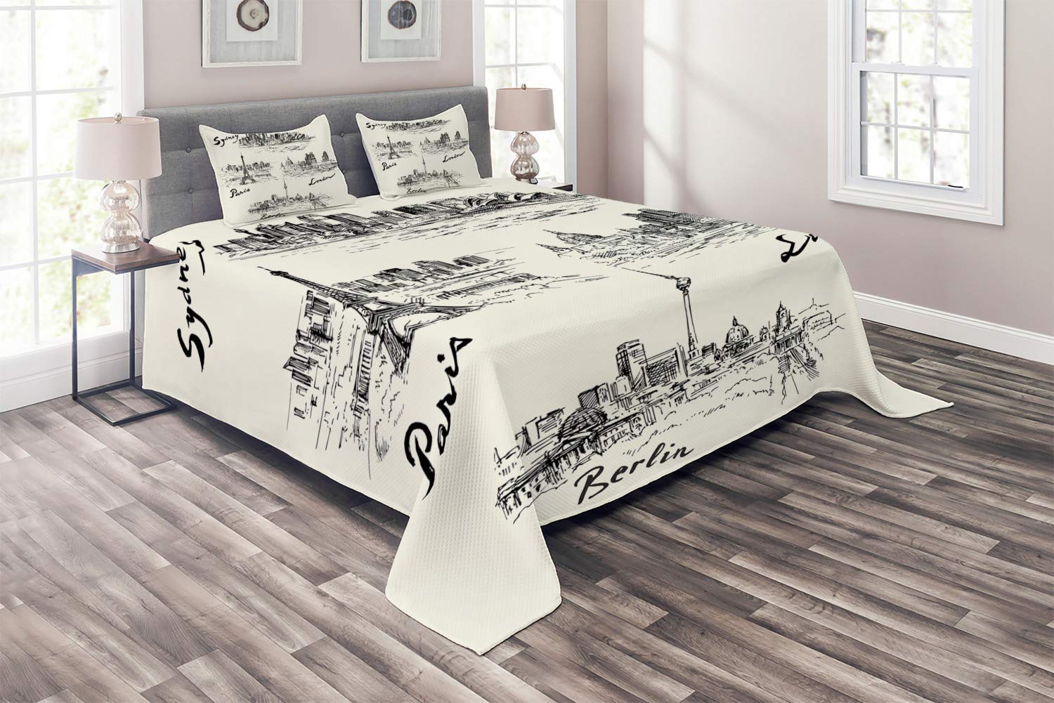 Ambesonne 3-Piece Queen Size Travel Coverlet Set - World City Silhouettes Print (Paris, Sydney, Berlin, London) in Cream & Black | Decorative Quilted Bedspread with 2 Pillow Shams | Perfect for Guest Rooms, Vacation Homes & Cozy Bedroom Decor