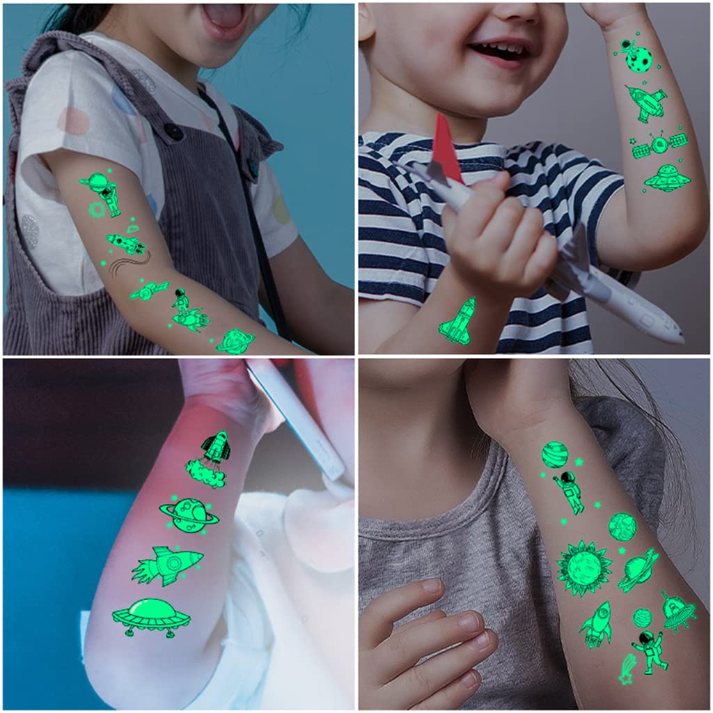 MAYCREATE® 10-Piece Glow in the Dark Kids Temporary Tattoos - Space Theme Cartoon Waterproof Stickers for Boys & Girls - Perfect for Birthday Parties, Halloween Costumes, Sleepovers & Group Activities