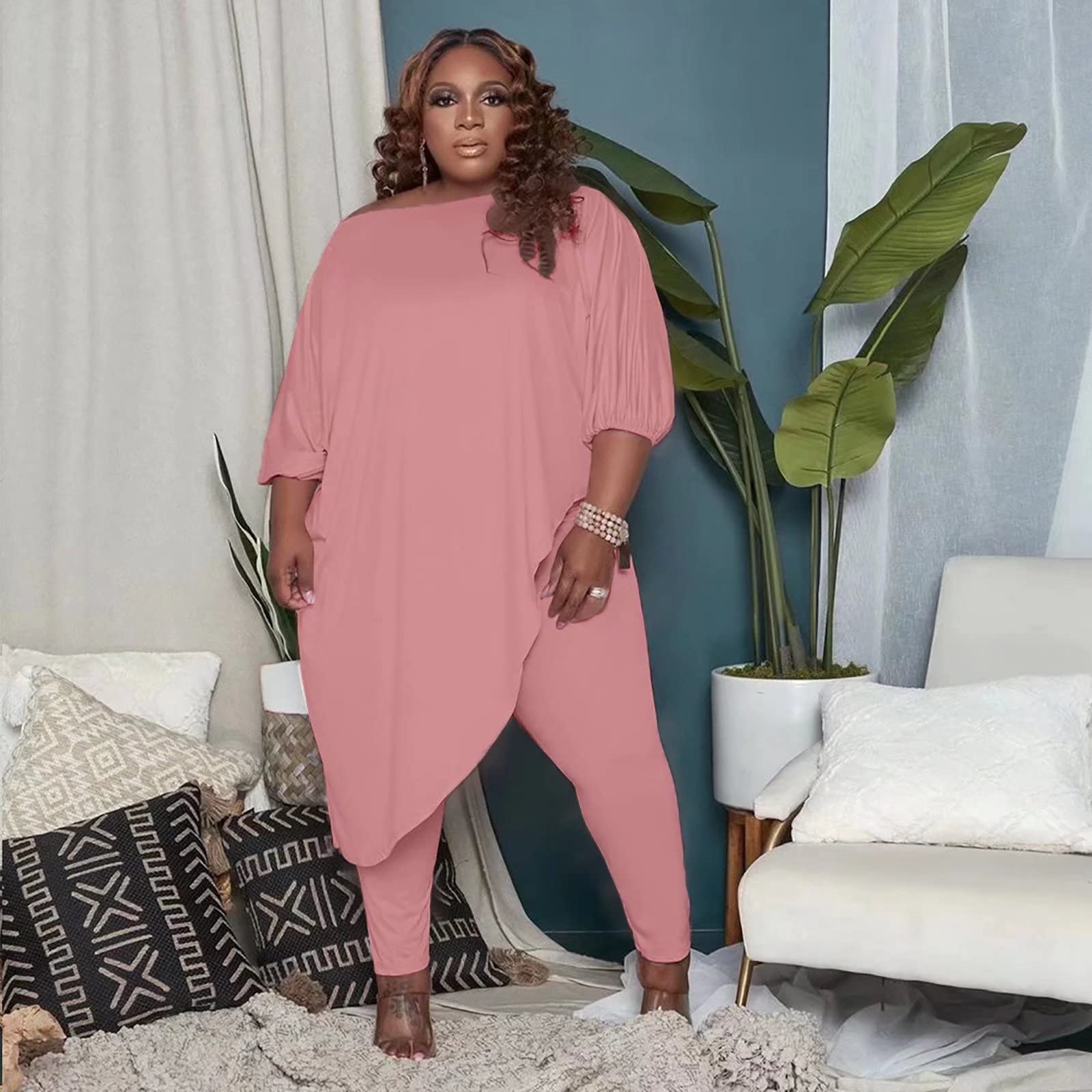 **Plus Size Women's Tracksuit Set - Long Sleeve Asymmetrical Top & Bodycon Pants | Casual Outfit for Workout, Lounge & Streetwear Fashion**