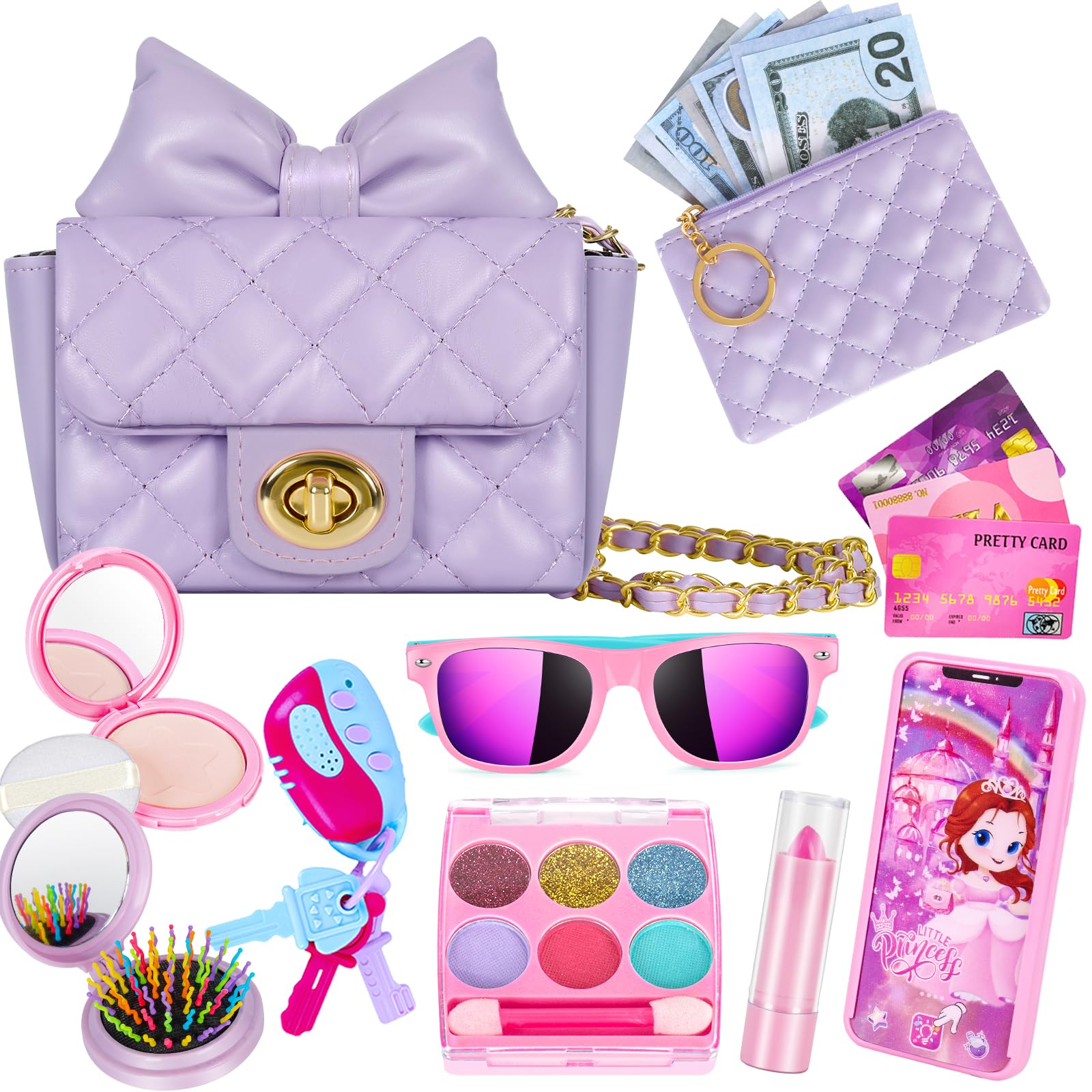Little Girl Purse with Kids Makeup Kit - My First Purse Set with Chain Bag, Pretend Play Toys for Toddlers Ages 3-8 - Perfect Princess Gift for Christmas & Birthday (Purple) | Dress Up, Role Play & Party Fun
