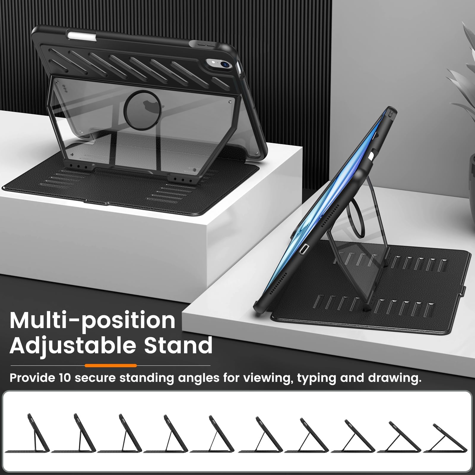 MoKo iPad Air 11 Case (M3 2025/M2 2024) & iPad Air 4/5 10.9 Inch (2020/2022) - Heavy Duty Protective Cover with Pencil Holder, 10 Strong Magnetic Angles, Shockproof & Rugged Design - Perfect for Work, Travel & Outdoor Use - Black