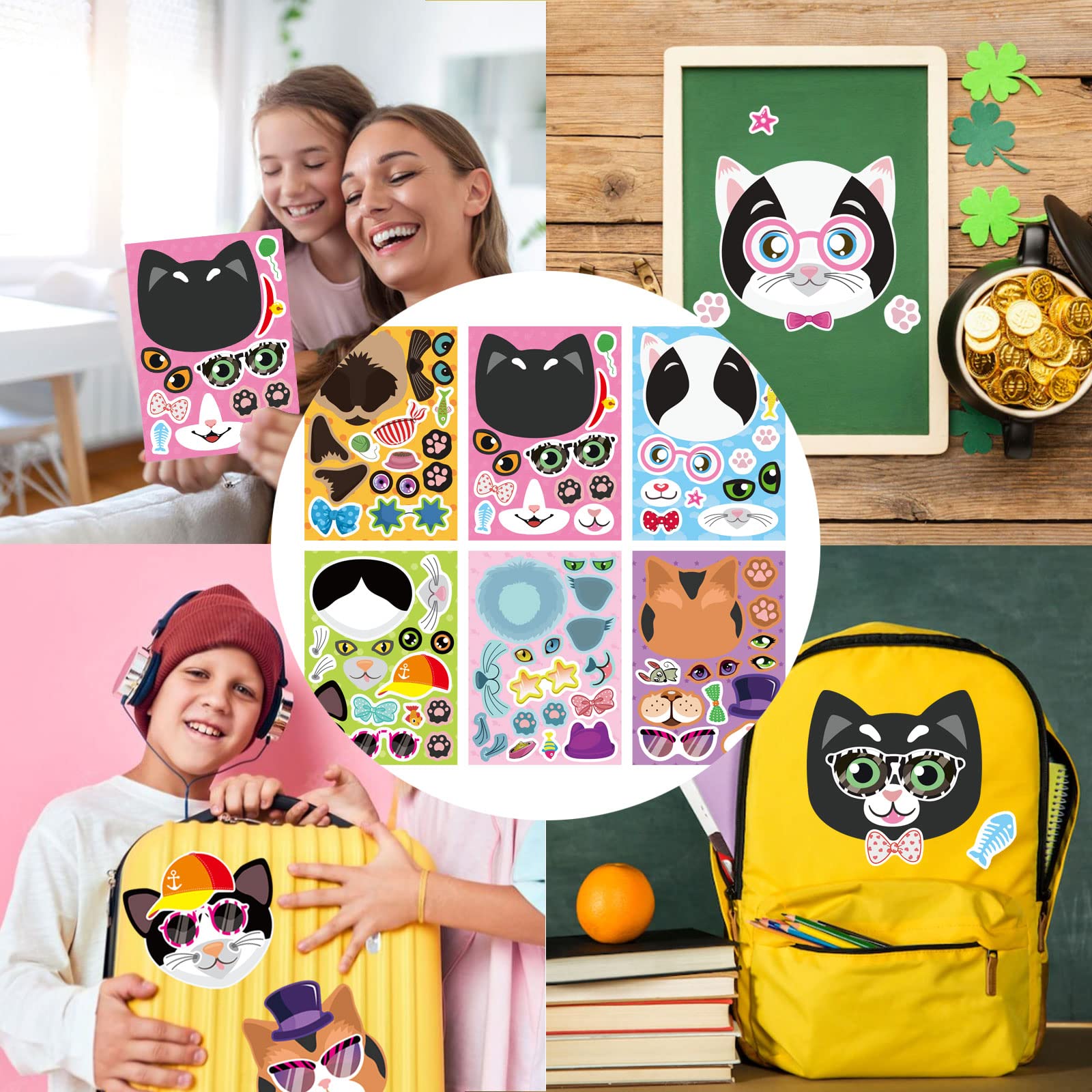 DUJAA 24 Sheets DIY Cat Face Stickers - Create Your Own Cat Stickers, Fun Animal Stickers for Kids, Birthday Party Favors, Teacher Art Crafts, School Activity Rewards - Perfect for Classroom Games, Birthday Decorations & Creative Play