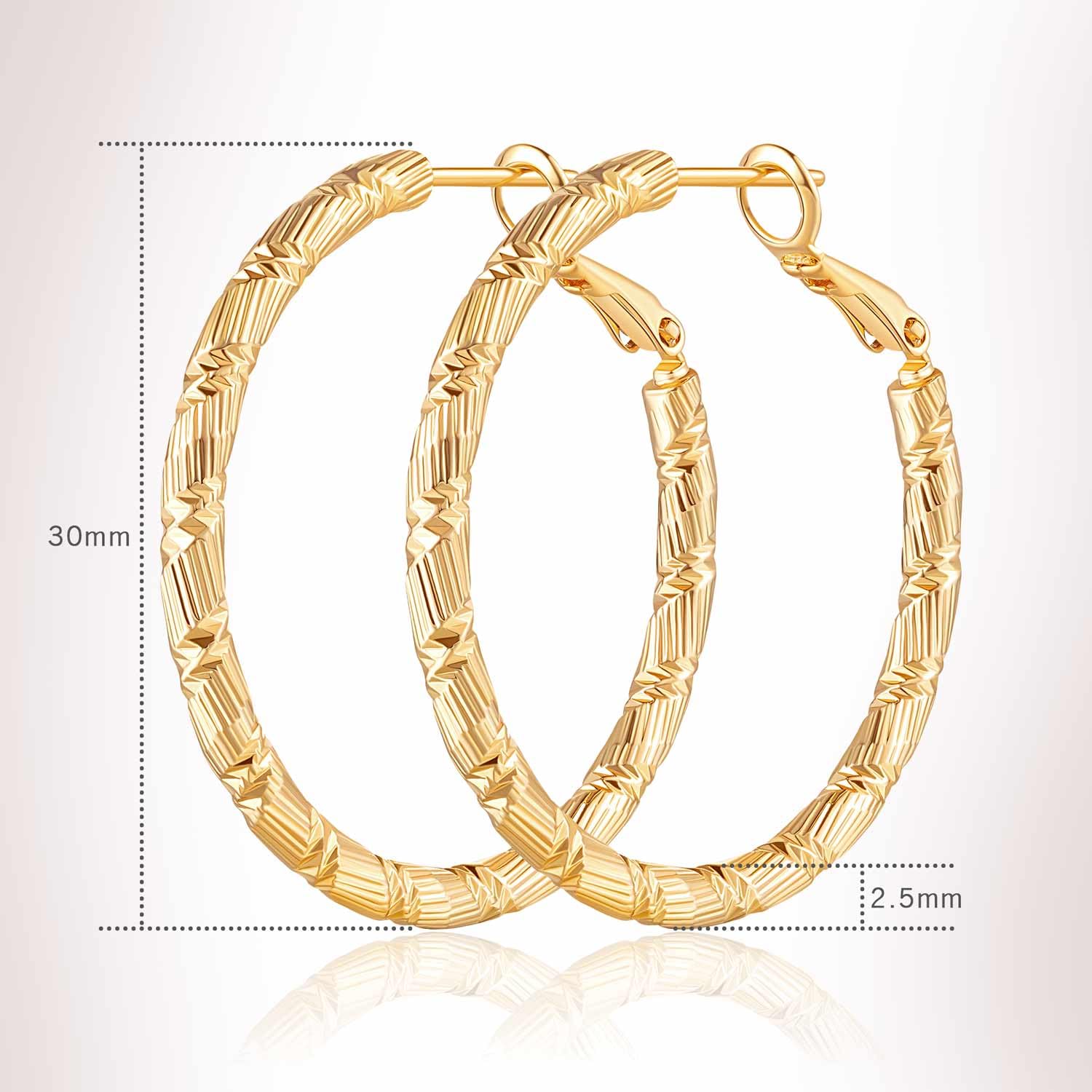 14K Gold Hoop Earrings for Women - 30mm Thick Solid Gold Hoops with Line Cutting Design - Elegant & Durable Everyday Jewelry for Work, Parties & Gifting