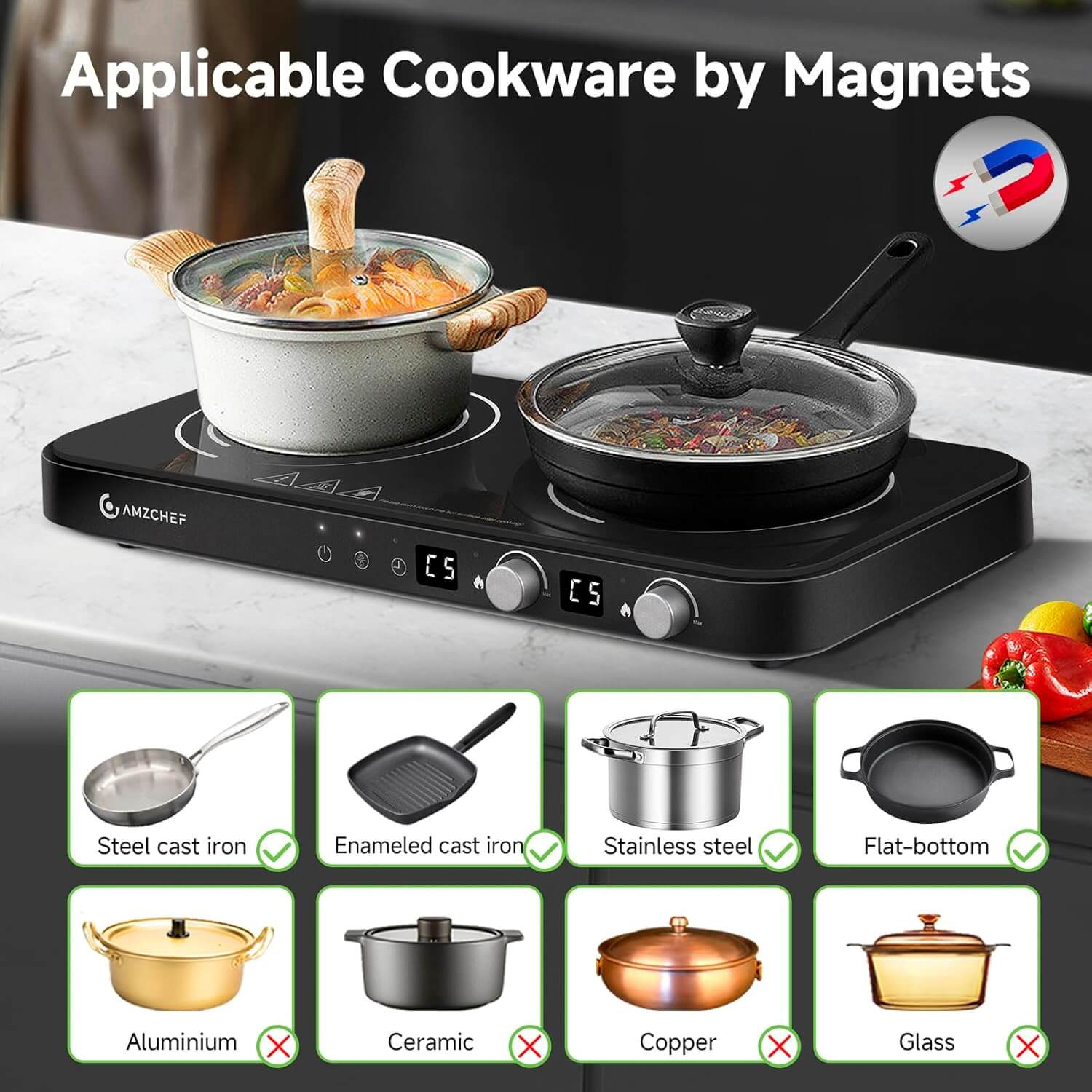 AMZCHEF 1800W Double Induction Cooktop with Removable Cast Iron Griddle Pan - Portable Electric Stove for Kitchen, Camping & RV - Fast Heating, Safety Lock, 20 Temp Settings (Black)