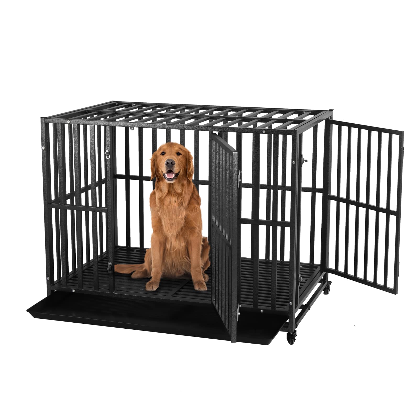 LUCKUP 42 Inch Heavy Duty Metal Dog Crate with 2 Doors & 4 Wheels - Stackable Large Dog Kennel Cage for Medium & Big Dogs - Removable Tray - Perfect for Home, Travel & Vet Visits