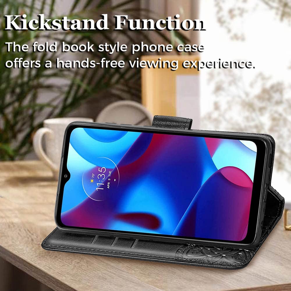 Motorola Moto G Pure Phone Case Wallet - Butterfly Embossed PU Leather Protective Cover with Card Holder Slots, Kickstand & Wrist Strap | Stylish Flip Case for Women | Perfect for Everyday Use, Travel & Work (Black)