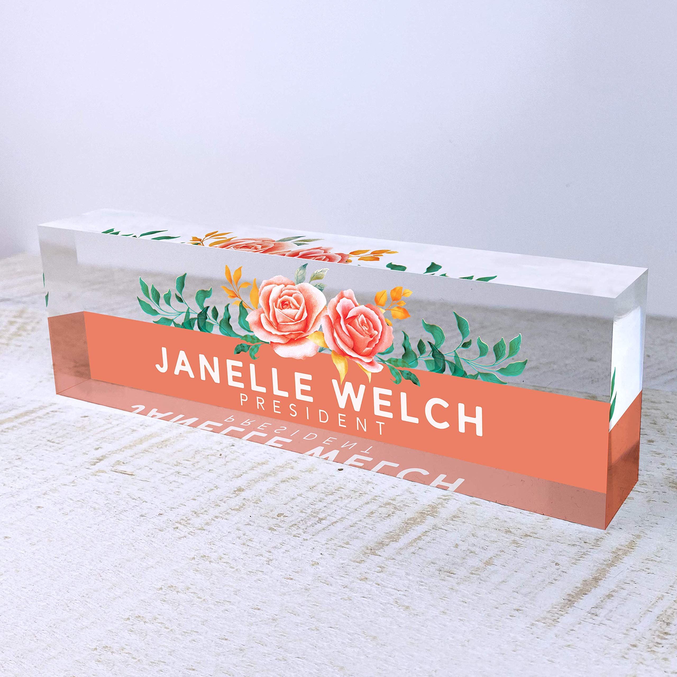Personalized Artblox Office Desk Name Plate - Custom Engraved Acrylic Name Sign with Orange Roses Design (8