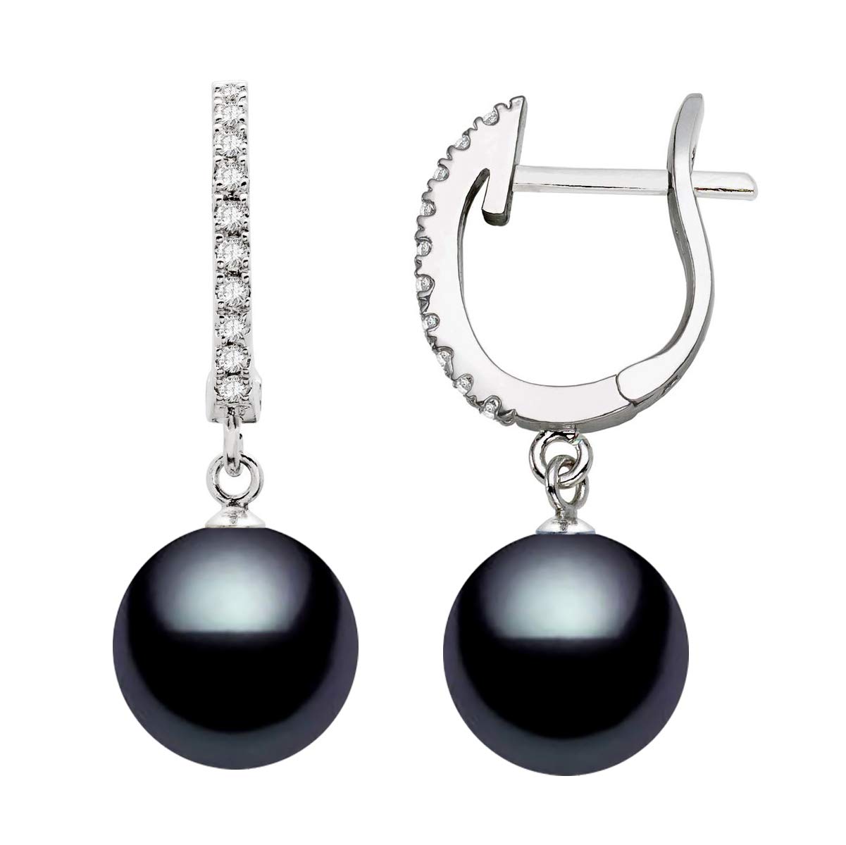AAAA Quality Black Cultured Freshwater Pearl Hoop Earrings - Rhodium Plated Sterling Silver with CZ Stones | Elegant Jewelry for Women, Perfect for Weddings, Parties & Special Occasions