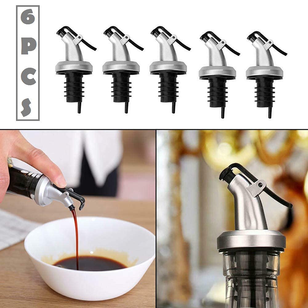 Premium Stainless Steel Bottle Pourers with Rubber Stoppers - 6pc Set for Smooth Olive Oil, Liquor & Wine Dispensing | Ideal for Restaurants, Bars, Hotels & Home Bars | Leak-Proof Free Flow Spouts for Glass Bottles