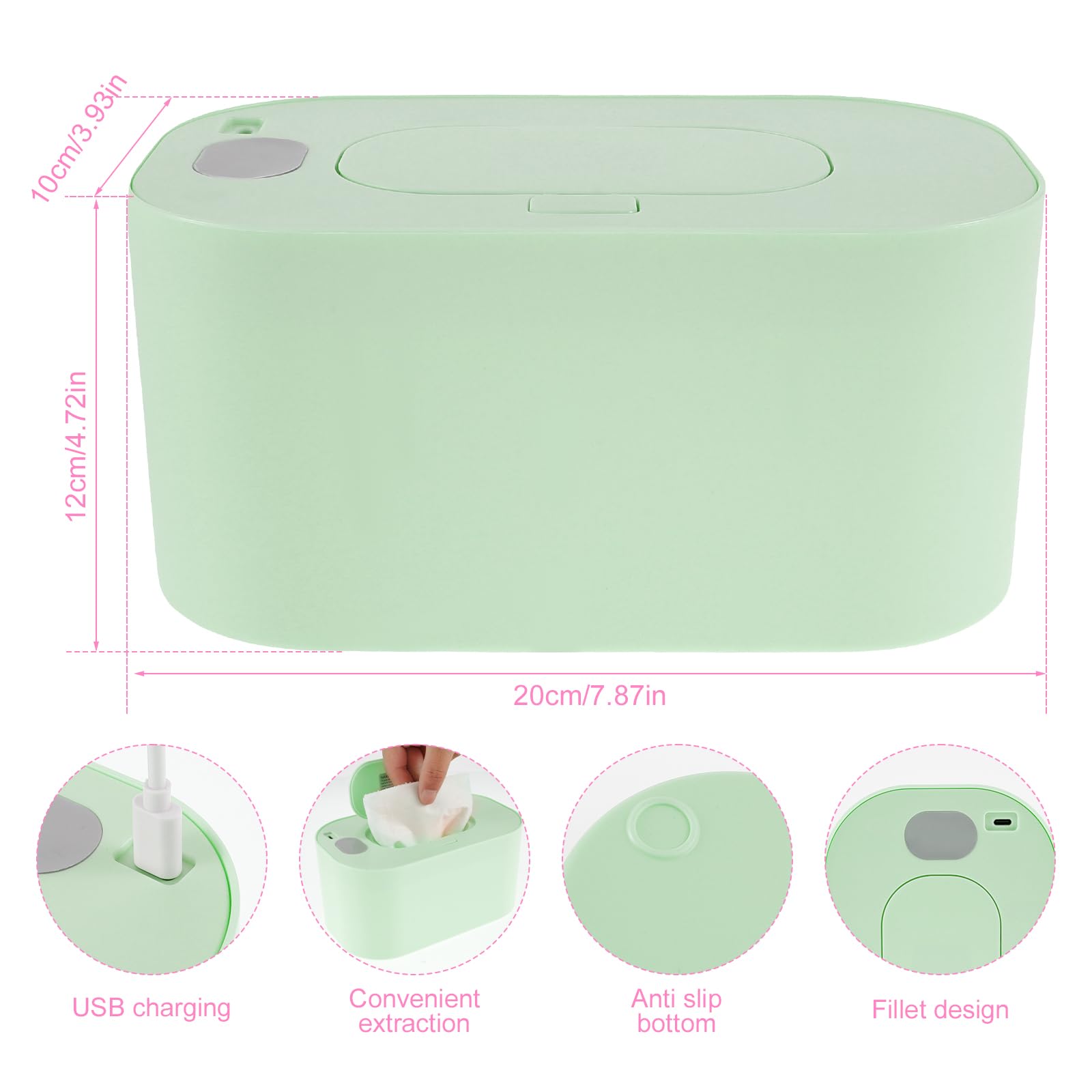 USB Baby Wipe Warmer with Thermostat - 20×12×10cm Portable Wet Wipes Heater for Even Heating | Reusable Baby Wipes Dispenser to Prevent Dryness | Perfect for Car, Home & Nursery Use (Green)