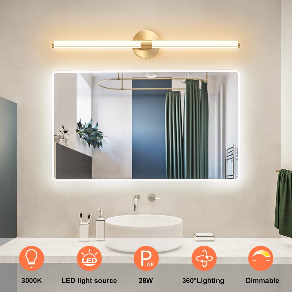 Dimmable LED Bathroom Vanity Light Fixtures - 30 Inch Gold Modern Wall Sconce, 360° Full Lighting for Mirror, Warm White Adjustable Brightness - Perfect for Bathroom, Bedroom & Living Room Vanity Makeup Area