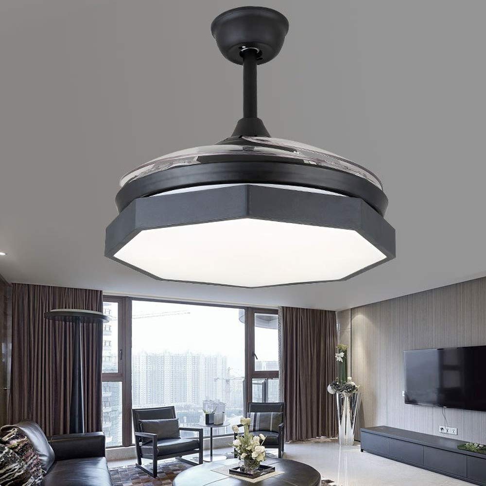 42 Inch Invisible Reversible Ceiling Fan with LED Lights and Remote Control - 4 Retractable Blades, Modern Fan Chandelier for Bedroom, Living Room, Dining Room - Quiet DC Motor, Energy Efficient Indoor Ceiling Fan Light Combo (Black) | Perfect for Home Cooling and Stylish Lighting Decor