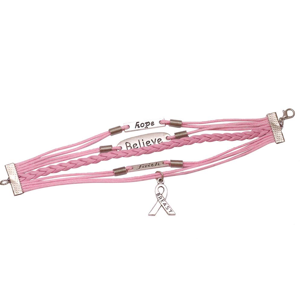 Pink Handmade Rope Bracelet with Leather & Multi-Layer Ribbon - Breast Cancer Awareness Bracelet for Women & Men - Adjustable Silver Jewelry Set for Everyday Wear, Gifts & Special Occasions