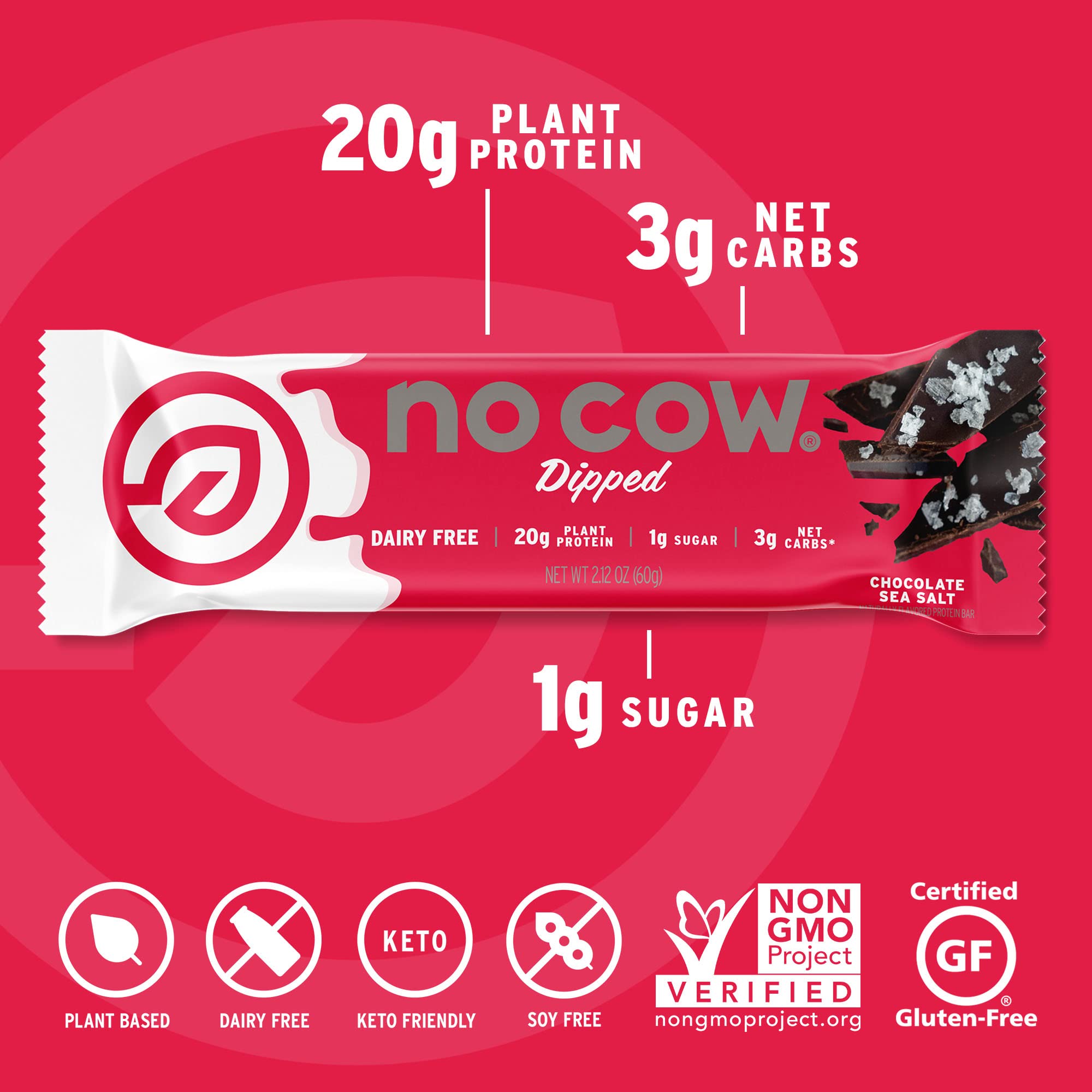 No Cow High Protein Bars, Chocolate Sea Salt - 20g Vegan Protein, Low Sugar, Keto Friendly, Dairy & Gluten Free, High Fiber Healthy Snacks (12 Count) - Perfect for Gym, Hiking & On-the-Go Nutrition